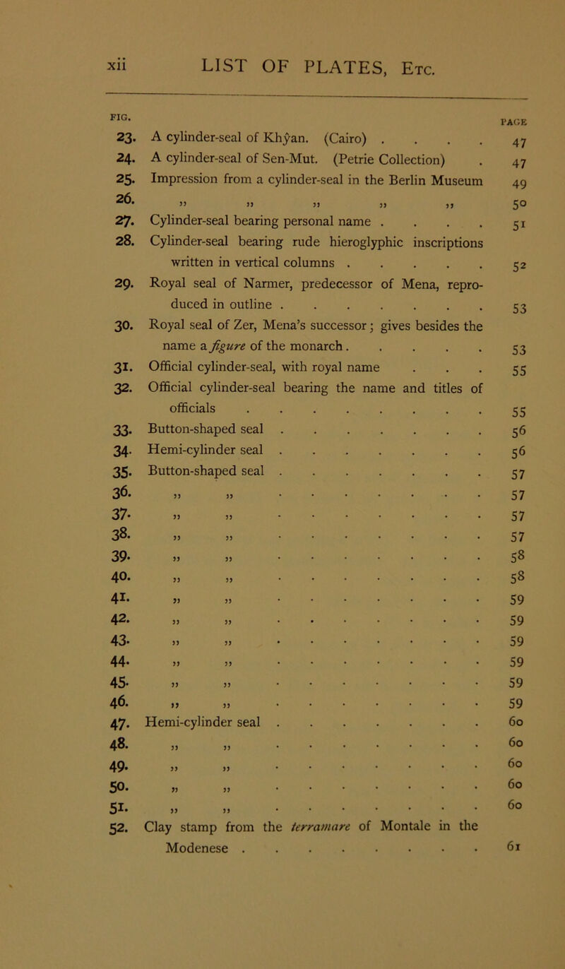 FIG. PACE 23- A cylinder-seal of Khyan. (Cairo) .... 47 24. A cylinder-seal of Sen-Mut. (Petrie Collection) 47 25- Impression from a cylinder-seal in the Berlin Museum 49 26. » u )> 3) >3 5° 27. Cylinder-seal bearing personal name .... 5i 28. Cylinder-seal bearing rude hieroglyphic inscriptions written in vertical columns 52 29. Royal seal of Narmer, predecessor of Mena, repro- duced in outline 53 30. Royal seal of Zer, Mena’s successor; gives besides the name a figure of the monarch 53 31. Official cylinder-seal, with royal name 55 32. Official cylinder-seal bearing the name and titles of officials 55 33. Button-shaped seal ....... 56 34- Hemi-cylinder seal 56 35- Button-shaped seal 57 36. JJ JJ ....... 57 37. » JJ ....... 57 38. JJ JJ ....... 57 39* JJ JJ ....... 58 40. JJ JJ ....... 58 41. JJ JJ ....... 59 42. JJ JJ ....... 59 43- JJ JJ ....... 59 44. JJ JJ ....... 59 45- JJ JJ ....... 59 46. JJ JJ ....... 59 47- Hemi-cylinder seal 60 48. JJ JJ ....... 60 49. JJ JJ ....... 60 50. JJ JJ ....... 60 5i. JJ JJ ....... 60 52. Clay stamp from the terramare of Montale in the Modenese 61