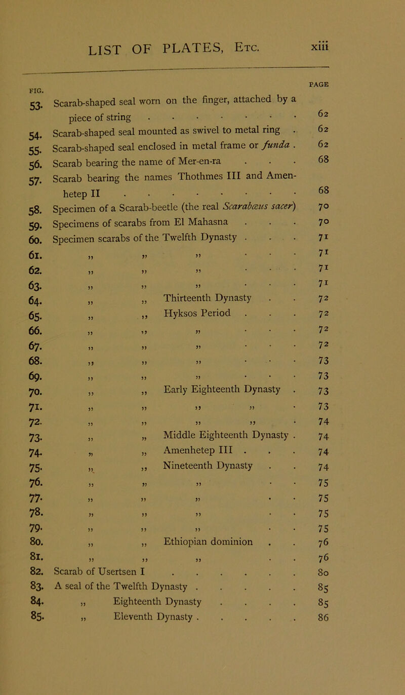 FIG. 53. Scarab-shaped seal worn on the finger, attached by a piece of string 54. Scarab-shaped seal mounted as swivel to metal ring . 55. Scarab-shaped seal enclosed in metal frame or funda . 56. Scarab bearing the name of Mer-en-ra 37. Scarab bearing the names Thothmes III and Amen- hetep II 58. Specimen of a Scarab-beetle (the real Scarabaas sacer) 59. Specimens of scarabs from El Mahasna 60. Specimen scarabs of the Twelfth Dynasty . 61. >} » » 62. >j j> ” 63. 64. 65. 66. 67. 68. 69. 70. 71. 72. 73- 74- 75- 76. 77- 78. 79- 80. 81. 82. 83. 84. 85. )) 33 33 * „ „ Thirteenth Dynasty n ,, Hyksos Period jj 33 33 ,5 31 * 31 33 33 33 33 33 * * „ ,, Early Eighteenth Dynasty )3 33 3 3 33 33 33 33 33 „ „ Middle Eighteenth Dynasty 5) „ Amenhetep III . „ ,, Nineteenth Dynasty 33 33 33 33 33 33 33 3 3 3 3 33 33 33 „ „ Ethiopian dominion 33 33 33 Scarab of Usertsen I A seal of the Twelfth Dynasty .... „ Eighteenth Dynasty „ Eleventh Dynasty .... PAGE 62 62 62 68 68 70 70 71 7i 7i 71 72 72 72 72 73 73 73 73 74 74 74 74 75 75 75 75 76 76 80 85 85 86