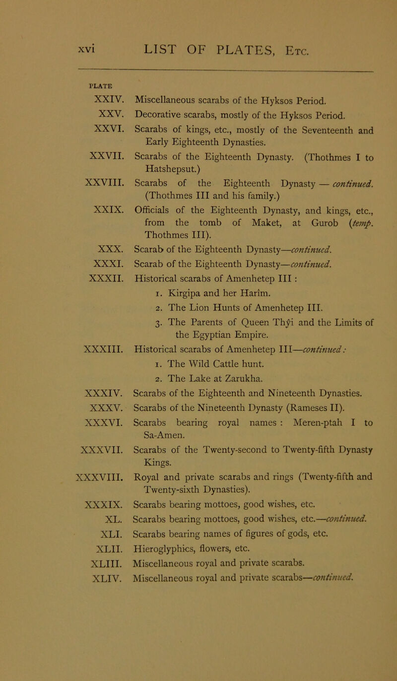 PLATE XXIV. XXV. XXVI. XXVII. XXVIII. XXIX. XXX. XXXI. XXXII. XXXIII. XXXIV. XXXV. XXXVI. XXXVII. XXXVIII. XXXIX. XL. XLI. XLII. XLIII. XLIV. Miscellaneous scarabs of the Hyksos Period. Decorative scarabs, mostly of the Hyksos Period. Scarabs of kings, etc., mostly of the Seventeenth and Early Eighteenth Dynasties. Scarabs of the Eighteenth Dynasty. (Thothmes I to Hatshepsut.) Scarabs of the Eighteenth Dynasty — continued. (Thothmes III and his family.) Officials of the Eighteenth Dynasty, and kings, etc., from the tomb of Maket, at Gurob {temp. Thothmes III). Scarab of the Eighteenth Dynasty—continued. Scarab of the Eighteenth Dynasty—continued. Historical scarabs of Amenhetep III : 1. Kirgipa and her Harim. 2. The Lion Hunts of Amenhetep III. 3. The Parents of Queen Thyi and the Limits of the Egyptian Empire. Historical scarabs of Amenhetep III—cotitinued: 1. The Wild Cattle hunt. 2. The Lake at Zarukha. Scarabs of the Eighteenth and Nineteenth Dynasties. Scarabs of the Nineteenth Dynasty (Rameses II). Scarabs bearing royal names : Meren-ptah I to Sa-Amen. Scarabs of the Twenty-second to Twenty-fifth Dynasty Kings. Royal and private scarabs and rings (Twenty-fifth and Twenty-sixth Dynasties). Scarabs bearing mottoes, good wishes, etc. Scarabs bearing mottoes, good wishes, etc.—continued. Scarabs bearing names of figures of gods, etc. Hieroglyphics, flowers, etc. Miscellaneous royal and private scarabs. Miscellaneous royal and private scarabs—continued.
