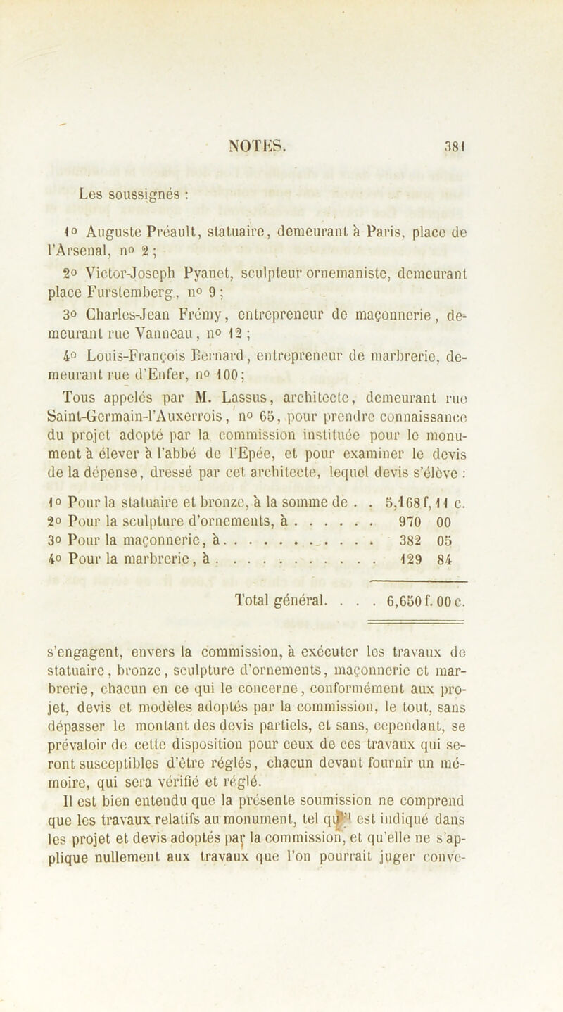 Los soussignés : Auguste Préault, statuaire, demeurant à Paris, place de l’Arsenal, no 2 ; 2° Victor-Joseph Pyanet, sculpteur ornemaniste, demeurant place Furslemberg , n» 9; 30 Charles-Jean Frémy, entrepreneur de maçonnerie, de^ meurant rue Vanneau, n° 12 ; 4° Louis-François Bernard, entrepreneur de marbrerie, de- meurant rue d’Enfer, no 100 ; Tous appelés par M. Lassus, architecte, demeurant rue Sainl-Germain-l’Auxerrois, n° 65, pour prendre connaissance du projet adopté par la commission instituée pour le monu- ment à élever a l’abbé de l’Epée, et pour examiner le devis de la dépense, dressé par cet architecte, lequel devis s’élève : 1° Pour la statuaire et bronze, à la somme de . . 5,168 f, 11 c. 20 Pour la sculpture d’ornements, à 970 00 30 Pour la maçonnerie, à 382 05 4° Pour la marbrerie, à 129 84 Total général. . . . 6,650 f. 00 c. s’engagent, envers la commission, h exécuter les travaux de statuaire, bronze, sculpture d’ornements, maçonnerie et mar- brerie, chacun en ce qui le concerne, conformément aux pro- jet, devis et modèles adoptés par la commission, le tout, sans dépasser le montant des devis partiels, et sans, cependant, se prévaloir de celle disposition pour ceux de ces travaux qui se- ront susceptibles d’ètre réglés, chacun devant fournir un mé- moire, qui sera vérifié et réglé. Il est bien entendu que la présente soumission ne comprend que les travaux relatifs au monument, tel qip'1 est indiqué dans les projet et devis adoptés par la commission', et qu’elle ne s’ap- plique nullement aux travaux que l’on pourrait juger couve-