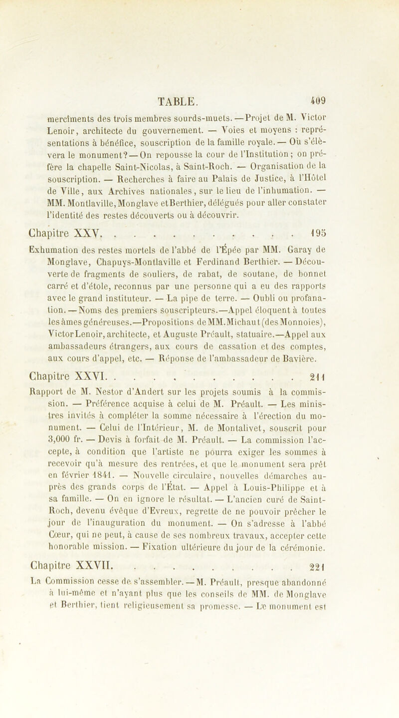 mercîments des trois membres sourds-muets.—Projet de M. Victor Lenoir, architecte du gouvernement. — Voies et moyens : repré- sentations à bénéfice, souscription de la famille royale.— Ou s’élè- vera le monument? — On repousse la cour de l’Institution; on pré- fère la chapelle Saint-Nicolas, à Saint-Roch. — Organisation de la souscription. — Recherches à faire au Palais de Justice, à l’Hôtel de Ville, aux Archives nationales, sur le lieu de l’inhumation. — MM. Montlaville, Monglave etBerthier, délégués pour aller constater l’identité des restes découverts ou à découvrir. Chapitre XXY 195 Exhumation des restes mortels de l’abbé de l’Épée par MM. Garay de Monglave, Chapuys-Montlaville et Ferdinand Berthier.—Décou- verte de fragments de souliers, de rabat, de soutane, de bonnet carré et d’étole, reconnus par une personne qui a eu des rapports avec le grand instituteur. — La pipe de terre. — Oubli ou profana- tion.— Noms des premiers souscripteurs.—Appel éloquent à toutes les âmes généreuses.—Propositions deMM.Michaut (desMonnoies), Victor Lenoir, architecte, et Auguste Préault, statuaire.—Appel aux ambassadeurs étrangers, aux cours de cassation et des comptes, aux cours d’appel, etc. — Réponse de l’ambassadeur de Bavière. Chapitre XXVI 211 Rapport de M. Nestor d’Andert sur les projets soumis à la commis- sion. — Préférence acquise à celui de M. Préault. — Les minis- tres invités à compléter la somme nécessaire à l’érection du mo- nument. — Celui de l’Intérieur, M. de Montalivet, souscrit pour 3,000 fr. — Devis à forfait de M. Préault. — La commission l’ac- cepte, à condition que l’artiste ne pourra exiger les sommes à recevoir qu’à mesure des rentrées, et que le monument sera prêt en février 1841. — Nouvelle circulaire, nouvelles démarches au- près des grands corps de l’État. — Appel à Louis-Philippe et à sa famille. — On en ignore le résultat. — L’ancien curé de Saint- Roch, devenu évêque d’Evreux, regrette de ne pouvoir prêcher le jour de l’inauguration du monument. — On s’adresse à l'abbé Cœur, qui ne peut, à cause de ses nombreux travaux, accepter cette honorable mission. — Fixation ultérieure du jour de la cérémonie. Chapitre XXVII 221 La Commission cesse de. s’assembler. — M. Préault, presque abandonné à lui-même et n’ayant plus que les conseils de MM. de Monglave et Berthier, tient religieusement sa promesse. — Le monument est