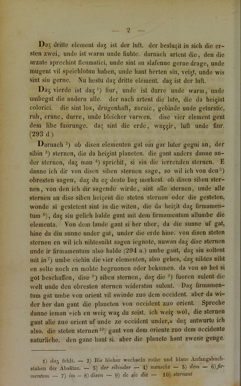 Da^ dritte elenient da5 ist der luft. der beslu5it in sich die er- sten zwei, unde ist warm unde fiuhtc. darnach artent die, den die arzate sprechint lleurnatici, unde sint an slafenne gerne d'rage, unde mugent vil speichlotun haben, unde haut herten sin, vei^^t, unde wis sint siu gerne. Nu hestu da^ dritte eleinent. da^ ist der luft. Da^ vierde ist da5^ »nde ist dürre unde wann, unde uinbegat die andern alle, der nach artent die lute, die da hei'^int colorici. die sint los, drugenhaft, zornic, gebinde unde gelurstic, ruh, cranc, dürre, unde bleicher varwen. dise vier element gent dem libe fuorunge. da5 sint die erde, wa^^ir, luft unde fiur. (293 d.) Darnach -) ob disen elementen gat ein gar luter gegni an, der sibin Sternen, die da hei^int planeten. die gant anders danne an- der Sternen, da^ man sprichit, si sin die ierrenden Sternen. E danne ich dir von disen siben Sternen sage, so wil ich von den^) obresten sagen, da^ du deste baij merkest, ob disen siben Ster- nen, von den ich dir sagende wirde, sint alle steinen, unde alle Sternen an dise siben hei:^ent die steten Sternen oder die gesteten, wonde si gestetent sint in die witen, die da hei^it da^ firmamen- tum ®), da^ siu gelich balde gant mit dem firmamcntum allumbe die elementa. Von dem lande gant si her über, da die sunne uf gat, hine da diu sunne under gat, under die erde hine. von disen steten Sternen en wil ich nihtesniht sagen iegnole, nuwan da^ dise Sternen unde ir firmamentum also balde (294 a.) umbc gant, da^ siu soltenl mit in '*) umbe ciehin die vier elementen, also gehes, da^ nihtes niht en solte noch en mohte begruonen oder bekumen. da von so het si got beschaffen, dise siben Sternen, da5 die fuoren sulent die Avelt unde den obresten Sternen widerstan sulent. Da^ firmamen- tum gat umbe von Orient vil swinde zuo dem occident. aber da wi- der her dan gant die planeten von occident zuo Orient. Spreche danne ieman »ich en wei^ wa5 du seist, ich wei^ wol, die Sternen gant alle zuo Orient uf unde ze occident under,« de^ antwurte ich also, die steten Sternen gant von dem Oriente zuo dem occidente natürliche, den ganc hant si. aber die planele hant zwene genge. 1) cZrt5 fehlt. — 2) Bis lüeher wechseln rotlie und blaue Anfangshuch- stahen der Absätze. — 3) der sihinder — 4) menscJie — 5) dewi — 6)ßr- mentum — 7) im — 8) disen — 9) de siv die — 10) sternent