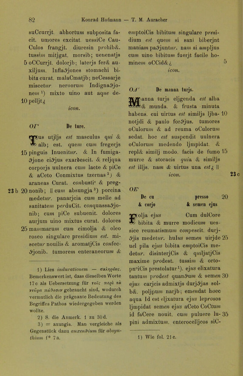 suCcurrjt. abhortum subposita fa- cit. umores excitat. uessiCe Cau- Culos frangjt. diuresin prohib&. tussi??* mitjgat. morsib; uenenatjs 5 oCCurrjt. dolorjb; laterjs fer& au- xiljuw. Infla^jones stomachi bi- bita curat. malaCmatjb; neCessarje miscetwr neruorum Indigna,f>jo- nem x) mixto uino aut aque de- lOpelljtd icon. Or De Iure. nnDus utjljs est masculus qui & alb; est. que??? cum fregerjs 15 pinguis Inuenit?*r. & In fumiga- ,9jone cidjus exarbescit. & reljqua corporjs uulnera cum lacte & piCe & aCeto Conmixtus tzernas 2J & araneas Curat, ccmbusti8 & preg- 23 b 20nonib; II cum absungja 3 * *) porcina medet^r. panarjcia cum melle ad sanitatem perduCit. co??quassa£jo- nib; cum piCe subuenit. dolores aurjum uino rnixtus curat, dolores 25 mammarum cum cimolja & oleo roseo singulare presidium est. mi- scetwr nouilis & aromatjCis cowfec- #jonib. tumorem enteraneorum & 1) Lies indurationem — axkrjoücg. Bemerkenswert ist, dass dieselben Worte 17 c als Uebersetzung für rolg negl r« vevQtt 7iccß'{<Jiv gebraucht sind, wodurch vermutlich die prägnante Bedeutung des Begriffes Pathos wiedergegeben werden wollte. 2) S. die Anmerk. 1 zu 30 d. 3) = axungia. Man vergleiche als Gegenstück dazu auxen&ium für absyn- thium f0 7 a. emptoiCis bibitum singulare presi- dium est quem si sani biberjnt mania?« pa,9junt???\ nam si ampljus cum uino bibitu?« fuerjt facile ho- mine?« oCCid&£ 5 icon. Oz/' De nianna turjs. anna turjs eljgenda est alba & munda. & frusta minuta habens. cui uirtus est similjs ljba- 10 notjdi & paulo for,9jus. tumores oCuloru??? & ad reuma oCuloru??? sedat. hoc est suspendit uulnera oCuloru??? medendo ljmpidat. & repl& similj modo, facis de fumo 15 murre & storacis quin & similjs est illjs. na?« & uirtus una est£ II icon. 23 OE1 De cu presso 20 & corjo & seinen ejus f olja ejws Cum dulCore bibita & murre modicu??? ues- sice reumatismu??? co??pescit. durj- ,9jis medetwr. hul??s Seme?? uirjde 25 uel pila ej??s bibita e?«ptoiCis me- det??r. disinterjCis & q???ljatjCis maxime p?*odest. tussi??? & orto- pn°iCis prestolatur1). ejws elixatura tantu?« p?*odes£ quan^u??? & seine?* 30 ejws carjcis admixtjs durj^jas sol- b&. poljpum narjb; eme??dat haec aqua Id est eljxatura ejus leprosos ljmpidat seme?? ejws aCeto CoCtu??? id faCere nouit. cu??? puluere lu- 35 pini admixtu???. enterocelljcos siC- 1) Wie fol. 21 c.