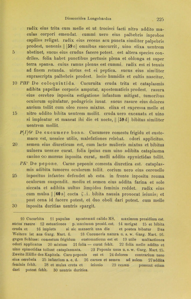 radix eius trita cum melle et ut trocisci facti nitro addito ma- culas corpori emendat. cummi uero eius palbebris inprobos capillos religat. radix eius recens acu puncta similiter palpebris prodest, uenenis || [59 c] Omnibus succurrit, uino elixa uentrem 5 abstinet, sucus eius crudus facere potest. est altera species con- driles. folia habet punctibus pertusis plena et oblonga et super terra spansa. cuius ramus plenus est cummi. radix est ei tenuis ad finem rotunda. uirtus est ei peptica. sucus eius similiter suprascripta palbebris prodest. locis humidis et cultis nascitur. 10 PIH‘ De coloquintida. Cucuruita cruda trita et cataplasmis adibita papellas corporis amputat, apostematicis prodest. rasura eius cerebro inposita estigatione infantum mitigat, tumoribus oculorum opitulatur, podagricis iuuat. sucus rasure eius dolores aurium tollit cum oleo roseo mixtus. elixa et expressa melle et 15 nitro addito bibita uentrem mollit. cruda uero excauata et uino si impleatur et maneat ibi die et nocte, || [59 d] bibitus similiter uentrem mollit. P[I]& De cucumere bono. Cucumere comestu frigidu et eusto- macu est, uessice utilis, malefationes relebat. odori applicitus. 20 semen eius diureticum est, cum lacte mulieris mixtus et bibitus uulnera uessice curat, folia ipsius cum uino adibita cataplasma canino <s> morsus inposita curat, melli addito epynictidas tollit. PK' De pepone. Carne peponis comesta diuretica est. cataplas- mis adibita tumores oculorum tollit. corium uero eius cereuello 25 inpositus infantes defendet ab estu. in fronte inpositu reuma oculorum suspendit. mediu et semen eius addita farina et sole siccata et adibita uultus limpidos feminis reddet. radix eius cum mulsa || |(iOa] cocta £.i. bibita nausia prouocat ieiunis; et post cena id facere potest, et duo oboli dari potest. cum melle 30 inposita duritias uentris spargit. 10 Cucurbita 11 papulas apostemati calido MS. maximum presidium est. sucus rasure 12 eatuationes p. maximum presid. est. 14 mitigat 15 et bibita cruda et 16 impleta si sic inanserit una die et postea bibatur Das Weitere ist aus Garg. Mart. 6. 18 Cucumeris natura u. s. w. Garg. Mart. 16. gegen Schluss: comestum frigidura eustomaticum est et 19 utile malfactiones odori applicatus 20 mixtum 21 folia — curat fehlt. 22 folia melle addito et uino epimotidas tollunt cataplasmata. 23 Peponis usus u. s. w. Garg. Mart. 15. Zweite Hälfte des Kapitels. Caro peponis est et 24 dolores contrarium uero eius cerebela 25 infantium a. e. d. 26 carnes et semen ad solem 27 addita feminis fehlt. 28 et mulsa creta et ieiunio 29 cenam possunt etiam dari potest fehlt. 30 uentris durities.