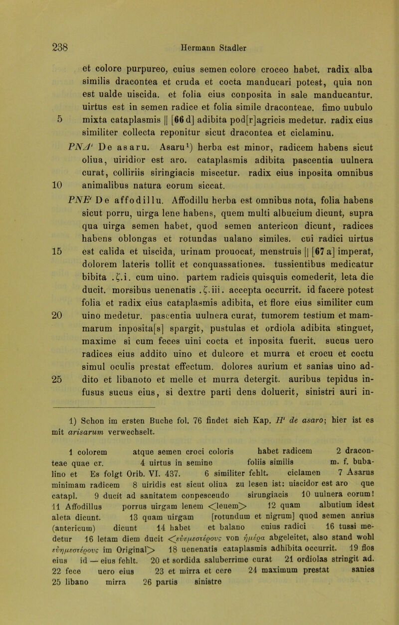 et colore purpureo, cuius semen colore croceo habet, radix alba similis dracontea et cruda et cocta manducari potest, quia non est ualde uiscida. et folia eius conposita in sale manducantur. uirtus est in semen radice et folia simile draconteae. fimo uubulo 5 mixta cataplasmis || [66 d] adibita pod[r]agricis medetur. radix eius similiter collecta reponitur sicut dracontea et ciclaminu. PNJ‘ De asaru. Asaru* 1 11) herba est minor, radicem habens sicut oliua, uiridior est aro. cataplasmis adibita pascentia uulnera curat, colliriis siringiacis miscetur. radix eius inposita Omnibus 10 animalibus natura eorum siccat. PNEJ De affodillu. Affodillu herba est Omnibus nota, folia habens sicut porru, uirga lene habens, quem multi albucium dicunt, supra qua uirga semen habet, quod semen antericon dicunt, radices habens oblongas et rotundas ualano similes. cui radici uirtus 15 est calida et uiscida, urinam prouocat, menstruis || [67 a] imperat, dolorem lateris tollit et conquassationes. tussientibus medicatur bibita . £.i. cum uino. partem radicis quisquis comederit, leta die ducit. morsibus uenenatis . £.iii. accepta occurrit. id facere potest folia et radix eius cataplasmis adibita, et flore eius similiter cum 20 uino medetur. pascentia uulnera curat, tumorem testium et mam- marum inpositafs] spargit, pustulas et ordiola adibita stinguet, maxime si cum feces uini cocta et inposita fuerit. sucus uero radices eius addito uino et dulcore et murra et crocu et coctu simul oculis prestat effectum. dolores aurium et sanias uino ad- 25 dito et libanoto et melle et murra detergit. auribus tepidus in- fusus sucus eius, si dextre parti dens doluerit, sinistri auri in- 1) Schon im ersten Buche fol. 76 findet sich Kap. H‘ de asaro; hier ist es mit arisarum verwechselt. 1 colorem atque semen croci coloris habet radicem 2 dracon- teae quae er. 4 uirtus in semine foliis similis m. f. buba- lino et Es folgt Orib. VI. 437. 6 similiter fehlt. ciclamen 7 Asarus minimam radicem 8 uiridis est sicut oliua zu lesen ist: uiscidor est aro que catapl. 9 ducit ad sanitatem conpesceudo sirungiacis 10 uulnera eorum! 11 Affodillus porrus uirgam lenem <4euem> 12 quam albutium idest aleta dicunt. 13 quam uirgam [rotundum et nigrum] quod semen anrius (antericum) dicunt 14 habet et balano cuius radici 16 tussi me- detur 16 letam diem ducit <^eve/isoteqovs von abgeleitet, also stand wohl Evt)(MEOTEQov$ im Original^» 18 uenenatis cataplasmis adhibita occurrit. 19 flos eius id — eius fehlt. 20 et sordida saluberrime curat 21 ordiolas stringit ad. 22 fece uero eius 23 et mirra et cere 24 maximum prestat sanies 25 libano mirra 26 partis Binistre