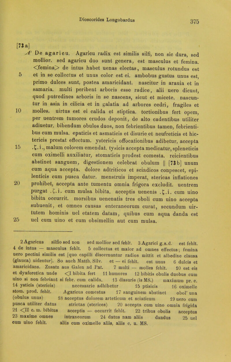 [73 a] A‘ De agaricu. Agaricu radix est similis silfi, non sic dura, sed mollior. sed agaricu duo sunt genera, est masculus et femina. <femina> de intus habet uenas electas, masculus rotundus est 5 et in se collectus et unus color est ei. ambobus gustus unus est, primo dulces sunt, postea amaricidant. nascitur in arauia et in samaria. multi peribent arboris esse radice, alii uero dicunt, quod putredines arboris in se nascens, sicut et micete. nascun- tur in asia in cilicia et in galatia ad arbores cedri, fragiles et 10 molles. uirtus est ei calida et stiptica. tortionibus fert opem, per uentrem tumores crudos deponit, de alto cadentibus utiliter adiuetur. bibendum obulos duos, non febrientibus tarnen, febrienti- bus cum mulsa. epaticis et asmaticis et disurie et neufreticis et hic- tericis prestat effectum. ystericis offocationibus adibetur, accepta 15 . C • i -5 malum colorem emendat. tysicis accepta medicatur, spleneticis cum oximelli auxiliatur, stomaticis prodest comesta. reicientibus abstinet sanguem, digestionem celebrat obulum || [73 b] unum cum aqua accepta. dolore adtriticos et sciadicos conpescet, epi- lenticis cum pusca datur. menstruis imperat, stericas inflationes 20 prohibet, accepta ante tumentu omnia frigora excludit. uentrem purgat . £.i. cum mulsa bibita. acceptis uenenis . £.i. cum uino bibita occurrit. morsibus uenenatis tres oboli cum uino accepta subuenit, et omnes causas enteraneorum curat, secundum uir- tutem hominis uel etatem datam, quibus cum aqua danda est 25 uel cum uino et cum obsimellin aut cum mulsa. 2 Agaricus silfio sed non sed mollior sed fehlt. 3 Agarici g.s.d. est fehlt. 4 de intus — masculus fehlt. 5 collectus et maior ad omnes effectus; femina uero pectini similis est [quo capilli discernuntur radios mittit et albedine clausa (glauca) uidentur]. So auch Matth. Silv. et — ei fehlt. est unus 6 dulcis et amaricidans. Zusatz aus Galen ad Pat. 7 multi — molles fehlt. 10 est eis et dyaforetica unde <1 bibita fert 11 humores 12 bibitis obulis duobus cum uino si non febriant si febr. cum calida. 13 dissurie (is MS.) maximum pr. e. 14 ysticis (stericis) necessarie adhibetur 15 ptisicis 16 oximelle stom. prod. fehlt. Agaricus comestus 17 sanguinem abstinet obol’ UDa (obulus unus) 18 acceptus dolorem arteticum et sciaticum 19 uero cum pusca utiliter datus strictas (sterices) 20 accepta cum uino omnia frigida 21 <11 c. m. bibitus acceptis — occurrit fehlt. 22 tribus obolis acceptus 23 maxime omnes intraneorum 24 datus nam aliis dandus 25 uel cum uino fehlt. aliis cum oximelle aliis, aliis c. u. MS.