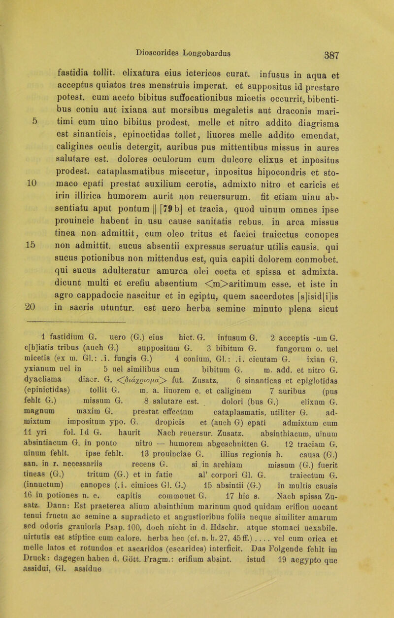 fastidia tollit. elixatura eius ictericos curat, infusus in aqua et acceptus quiatos tres menstruis imperat. et suppositus id preßtaro potest. cum aceto bibitus suffocationibus micetis occurrit, bibenti- bus coniu aut ixiana aut morsibus megaletis aut draconis mari- 5 timi cum uino bibitus prodest. melle et nitro addito diagrisma est smanticis, epinoctidas tollet, liuores melle addito emendat, caligines oculis detergit, auribus pus mittentibus missus in aures salutare est. dolores oculorum cum dulcore elixus et inpositus prodest. cataplasmatibus miscetur, inpositus hipocondris et sto- 10 maco epati prestat auxilium cerotis, admixto nitro et caricis et irin illirica humorem aurit non reuersurum. fit etiam uinu ab- sentiatu aput pontum || [79b] et tracia, quod uinum omnes ipse prouincie habent in usu cause sanitatis rebus. in arca missus tinea non admittit, cum oleo tritus et faciei traiectus conopes 15 non admittit. sucus absentii expressus seruatur utilis causis. qui sucus potionibus non mittendus est, quia capiti dolorem conmobet. qui sucus adulteratur amurca olei cocta et spissa et admixta. dicunt multi et erefiu absentium <Cm>aritimum esse, et iste in agro cappadocie nascitur et in egiptu, quem sacerdotes [s]isid[i]is 20 in sacris utuntur. est uero herba semine minuto plena sicut 1 fastidium G. uero (G.) eius hict. G. infusum G. 2 acceptis -um G. c[b]iatis tribus (auch G.) suppositum G. 3 bibitum G. fungorum o. uel micetis (ex m. Gl.: .i. fungis G.) 4 conium, Gl.: .i. cicutam G. ixian G. yxianum uel in 5 uel similibus cum bibitum G. m. add. et nitro G. dyaclisma diacr. G. <^diäxQia/.ia^> fut. Zusatz. 6 sinanticas et epiglotidas (epinictidas) tollit G. m. a. liuorem e. et caliginem 7 auribus (pus fehlt G.) missum G. 8 salutare est. dolori (bus G.) elixum G. magnum maxim G. prestat effectum cataplasmatis, utiliter G. ad- mixtum impositum ypo. G. dropicis et (auch G) epati admixtum cum 11 yri fol. Id G. haurit Nach reuersur. Zusatz. absinthiacum, uinum absintiacum G. in ponlo nitro — humorem abgeschnitten G. 12 traciam G. uinum fehlt. ipse fehlt. 13 prouinciae G. illius regionis h. causa (G.) san. in r. necessariis recens G. si in archiam missum (G.) fuerit tineas (G.) tritum (G.) et in fatie aP corpori Gl. G. traiectum G. (innuctum) canopes (.i. cimices Gl. G.) 15 absintii (G.) in multis causis 16 in potiones n. e. capitis commouet G. 17 hic s. Nach spissa Zu- satz. Dann: Est praeterea aliura absinthium marinum quod quidam erifion uocant tenui fructu ac semine a supradicto et angustioribus foliis neque similiter amatum sed odoris grauioris Psap. 100, doch nicht in d. Hdschr. atque stomaci uexabile. uirtutis est stiptice cum calore. herba hec (cf. n. h. 27, 45 ff.) .... vel cum orica et melle latos et rotundos et ascaridos (escarides) interficit. Das Folgende fehlt im Druck: dagegen haben d. Gott. Fragm.: erifium absint. istud 19 aegypto que assidui, Gl. assidue