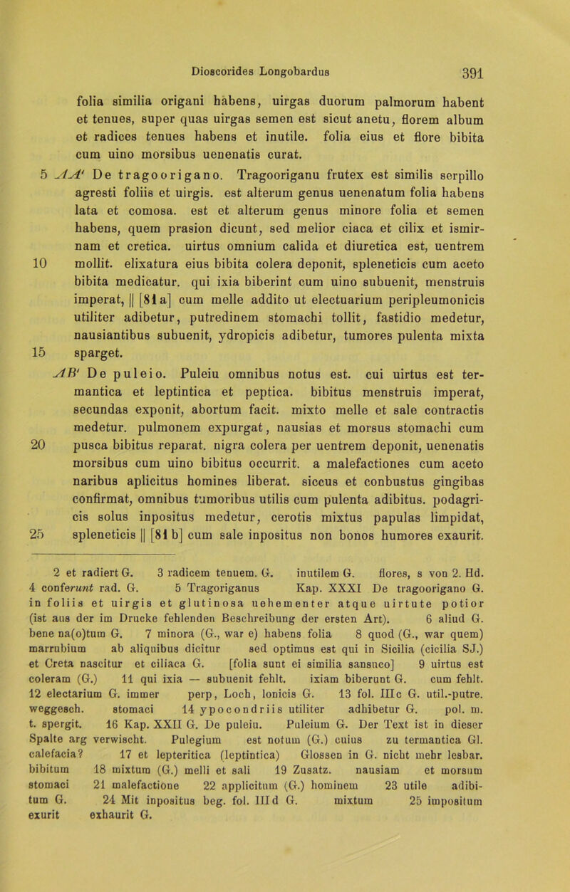 folia similia origani habens, uirgas duorum palmorum habent et tenues, super quas uirgas semen est sicut anetu, florem album et radices tenues habens et inutile. folia eius et flore bibita cum uino morsibus uenenatis curat. 5 A^4.‘ De tragoorigano. Tragooriganu frutex est similis scrpillo agresti foliis et uirgis. est alterum genus uenenatum folia habens lata et comosa. est et alterum genus minore folia et semen habens, quem prasion dicunt, sed melior ciaca et cilix et isrnir- nam et cretica. uirtus omnium calida et diuretica est, uentrem 10 mollit. elixatura eius bibita colera deponit, spleneticis cum aceto bibita medicatur. qui ixia biberint cum uino subuenit, menstruis imperat, || [81a] cum melle addito ut electuarium peripleumonicis utiliter adibetur, putredinem stomachi tollit, fastidio medetur, nausiantibus subuenit, ydropicis adibetur, tumores pulenta mixta 15 sparget. vlB‘ De puleio. Puleiu omnibus notus est. cui uirtus est ter- mantica et leptintica et peptica. bibitus menstruis imperat, secundas exponit, abortum facit. mixto melle et sale contractis medetur. pulmonem expurgat, nausias et morsus stomachi cum 20 pusca bibitus reparat. nigra colera per uentrem deponit, uenenatis morsibus cum uino bibitus occurrit. a malefactiones cum aceto naribus aplicitus homines liberat. siccus et conbustus gingibas confirmat, omnibus tumoribus utilis cum pulenta adibitus. podagri- cis solus inpositus medetur, cerotis mixtus papulas limpidat, 25 spleneticis || [81 b] cum sale inpositus non bonos humores exaurit. 2 et radiert G. 3 radicem tenuem. G. inutilem G. flores, s von 2. Hd. 4 conferwni rad. G. 5 Tragoriganus Kap. XXXI De tragoorigano G. in foliis et uirgis et glutinosa u eh einenter atque ui r tute potior (ist aus der im Drucke fehlenden Beschreibung der ersten Art). 6 aliud G. bene na(o)tum G. 7 minora (G., war e) habens folia 8 quod (G., war quem) marrubium ab aliquibus dicitur sed optimus est qui in Sicilia (cicilia SJ.) et Greta nascitur et ciliaca G. [folia sunt ei similia sansuco] 9 uirtus est coleram (G.) 11 qui ixia — subuenit fehlt. ixiam biberunt G. cum fehlt. 12 electarium G. immer perp, Loch, lonicis G. 13 fol. IIIc G. util.-putre. weggesch. stomaci 14 ypocondriis utiliter adhibetur G. pol. m. t. spergit. 16 Kap. XXII G. De puleiu. Puleium G. Der Text ist in dieser Spalte arg verwischt. Pulegium est noturn (G.) cuius zu termantica Gl. calefacia? 17 et lepteritica (leptintica) Glossen in G. nicht mehr lesbar, bibitum 18 mixtum (G.) melli et sali 19 Zusatz. nausiam et morsum stomaci 21 malefactione 22 applicitum (G.) hoininem 23 utile adibi- tum G. 24 Mit inpositus beg. fol. III d G. mixtum 25 impositum exurit exhaurit G.