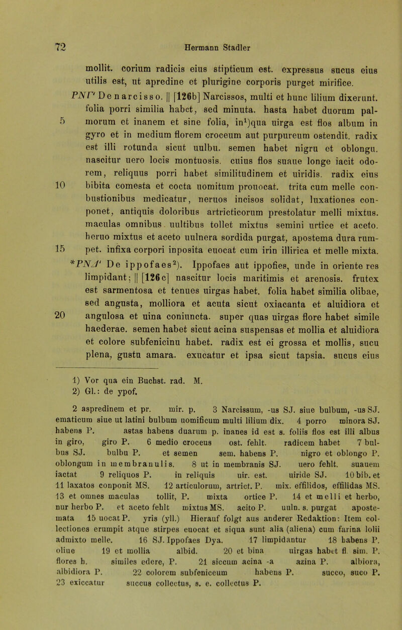 mollit. corium radicis eius stipticum est. expressus sucus eius utilis est, ut apredine et plurigine corporis purget mirifice. PNP De narcisso. || [126b] Narcissos, multi ethunc lilium dixerunt. folia porri similia habet, sed minuta. hasta habet duorum pal- 5 morum et inanem et sine folia, in^qua uirga est flos album in gyro et in medium florem croceum aut purpureum ostendit. radix est illi rotunda sicut uulbu. semen habet nigru et oblongu. nascitur uero locis montuosis. cuius flos suaue longe iacit odo- rem, reliquus porri habet similitudinem et uiridis. radix eius 10 bibita comesta et cocta uomitum prouocat. trita cum melle con- bustionibus medicatur, neruos incisos solidat, luxationes con- ponet, antiquis doloribus artricticorum prestolatur melli mixtus. maculas omnibus uultibus tollet mixtus semini urtice et aceto. heruo mixtus et aceto uulnera sordida purgat, apostema dura rum- 15 pet. infixa corpori inposita euocat cum irin illirica et melle mixta. *PNJ‘ De ippofaes1 2). Ippofaes aut ippofies, unde in Oriente res limpidant; || [126 c] nascitur locis maritimis et arenosis. frutex est sarmentosa et tenues uirgas habet, folia habet similia olibae, sed angusta, molliora et acuta sicut oxiacanta et aluidiora et 20 angulosa et uina coniuncta. super quas uirgas flore habet simile haederae. semen habet sicut acina suspensas et mollia et aluidiora et colore subfenicinu habet, radix est ei grossa et mollis, sucu plena, gustu amara. exueatur et ipsa sicut tapsia. sucus eius 1) Vor qua ein Buchst, rad. M. 2) Gl.: de ypof. 2 aspredinem et pr. mir. p. 3 Narcissum, -us SJ. siue bulbum, -us SJ. ematicum siue ut latini bulbum uomificum multi lilium dix. 4 porro minora SJ. habens P. astas habens duarum p. inanes id est s. foliis flos est illi albus in giro, giro P. 6 medio croceus ost. fehlt. radicem habet 7 bul- bus SJ. bulbu P. et semen sem. habens P. nigro et oblongo P. oblongum inmembranulis. 8 ut in membranis SJ. uero fehlt. suauem iactat 9 reliquos P. in reliquis uir. est. uiride SJ. lObib. et 11 laxatos conponit MS. 12 articulorum, artrict. P. mix. effilidos, effilidas MS. 13 et omnes maculas tollit, P. mixta ortice P. 14 et melli et herbo, nur herbo P. et aceto fehlt mixtus MS. acito P. uuln. s. purgat aposte- mata 15uocatP. yris (yll.) Hierauf folgt aus anderer Redaktion: Item col- lectiones erumpit atque stirpes euocat et siqua sunt alia (aliena) cum farina lolii admixto melle. 16 SJ. Ippofaes Dya. 17 limpidantur 18 habens P. oliue 19 et mollia albid. 20 et bina uirgas habet fl sim. P. flores b. similes edere, P. 21 siccum acina -a azina P. albiora, albidiora P. 22 colorem subfeniceum habens P. succo, suco P. 23 oxiccatur succus collcctus, s. e. collcctus P.