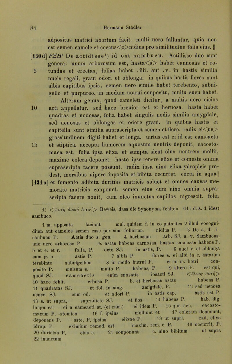 adpositus matrici abortum facit. multi uero falluntur, quia non est semen camcle et coccus<c>nidius pro similitudino folia eius. || [ISOdjPHH1 * * * * * 7 8 De actidisse1) id est sambucu. Actidisse duo sunt genera: unum arborosum est, hasta<X> habet cannosas et ro- 5 tundas et erectas, folias habet .iiii. aut .v. in hastis similia nucis regali, graui odori et oblonga. in quibus hastis flores sunt albis capitibus ipsis, semen uero simile habet terebento, subni- gello et purpureo, in modum uotrui conpositu, multu sucu habet. Alterum genus, quod cameleti dicitur, a multis uero eicios 10 acti appellatur. sed haec breuior est et heruosa. basta habet quadras et nodosas, folia habet singulis nodis similia amygdale, sed uenosas et oblongas et odore graui. in quibus hastis et capitella sunt similia suprascripta et semen et flore. radix ei<us> grossitudinem digiti habet et longa, uirtus est ei id est cameacta 15 et stiptica, accepta humorem aquosum uentris deponit, cacosto- maca est. folia ipsa elixa et sumpta sicut olus uentrem mollit, maxime colera deponet. haste ipse tenere elixe et comeste omnia suprascripta facere possunt. radix ipsa uino elixa ydropicis pro- dest, morsibus uipere inposita et bibita occurret. cocta in aqua [131 a] et fomento adibita duritias matricis soluet et omnes causas me- morate matricis conponet. semen eius cum uino omnia supra- scripta facere nouit, cum oleo inunctus capillos nigrescit. folia uno uero arboroso P. 1) dioo)'] iojiv.^> Beweis, dass die Synonyma fehlten. Gl. d.a. d.idest sambuco. 1 in. apposita faciunt mul. quidem f. in eo putantes 2 illud cocogni- dium aut camelee semen esse per sim. foliorum. nidius P. 3 De a. d. .i. sanbucu P. Actis duo s. gen. 4 herbosum arb. SJ. s. v. Sambucus. e. astas habens carnosas, bastas cannosas habensP. octo SJ. in astis, P. 6 nuci r. et oblonga 7 albis P. flores s. ei albi in c. astarum 8 in modo butrui P. et in in. botri con- multo P. habens, P. 9 altero P. est qui, enim enosatis iosacti SJ. axn£> erbosa P. b. et herbosas astas habens P. et fol. in sing. amigdale, P. 12 sed uenosa 5 et e. et r. cum g. o. terebinto posito P. quod SJ. 10 haec fehlt 11 quadratas SJ. folia, P. astis P. subnigellum multum s. came act is uenen. SJ. cum od. et odori P. in astis cap. astis est P. 13 s. ut supra, supradicte SJ. et flos 14 habens P. bab. dig. longa est ei a cameacti st. (ei cam.) ei idem P. 15 que acc. cacosto- macum P. -storaica 16 f. ipsius molliunt et 17 coleram deponunt, deponens P. aste, P. ipsius elixae P. 18 ut supra rad. elixa idrop. P. eximium remed. est maxim. rem. e. P. 19 occurrit, P. 20 dnricias P. eius c. 21 conponunt c. uino bibitum ut supia 22 inunctum