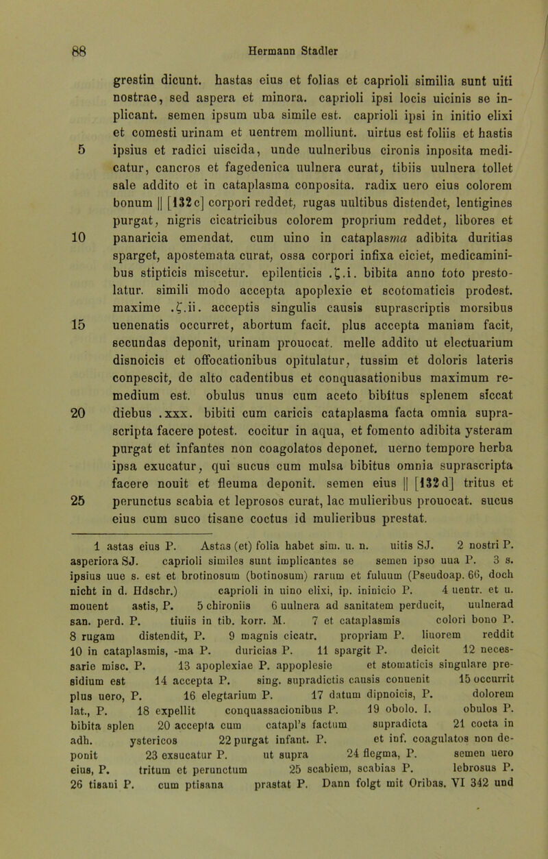 grestin dicunt. hastas eius et folias et caprioli similia sunt uiti nostrae, sed aspera et minora. caprioli ipsi locis uicinis se in- plicant. semen ipsum uba simile est. caprioli ipsi in initio elixi et comesti urinam et uentrem molliunt. uirtus est foliis et hastis 5 ipsius et radici uiscida, unde uulneribus cironis inposita medi- catur, cancros et fagedenica uulnera curat, tibiis uulnera tollet sale addito et in cataplasma conposita. radix uero eius colorem bonum || [132c] corpori reddet, rugas uultibus distendet, lentigines purgat, nigris cicatricibus colorem proprium reddet, libores et 10 panaricia emendat. cum uino in cataplasma adibita duritias sparget, apostemata curat, ossa corpori infixa eiciet, medicamini- bus stipticis miscetur. epilenticis . £.i. bibita anno toto presto- latur. simili modo accepta apoplexie et scotomaticis prodest. maxime . C-ü * acceptis singulis causis suprascriptis morsibus 15 uenenatis occurret, abortum facit. plus accepta maniam facit, secundas deponit, urinam prouocat. melle addito ut electuarium disnoicis et offocationibus opitulatur, tussim et doloris lateris conpescit, de alto cadentibus et conquasationibus maximum re- medium est. obulus unus cum aceto bibitus splenem siccat 20 diebus .xxx. bibiti cum caricis cataplasma facta omnia supra- scripta facere potest. cocitur in aqua, et fomento adibita ysteram purgat et infantes non coagolatos deponet. uerno tempore herba ipsa exucatur, qui sucus cum mulsa bibitus omnia suprascripta facere nouit et fleuma deponit. semen eius || [132 d] tritus et 25 perunctus scabia et leprosos curat, lac mulieribus prouocat. sucus eius cum suco tisane coctus id mulieribus prestat. 1 astas eius P. Astas (et) folia habet sim. u. n. uitis SJ. 2 nostri P. asperiora SJ. caprioli similes sunt implicantes se semen ipso uua P. 3 s. ipsius uue s. est et brotinosum (botinosum) rarurn et fuluurn (Pseudoap. 66, doch nicht in d. Hdschr.) caprioli in uino elixi, ip. ininicio P. 4 uentr. et u. mouent astis, P. 5 chironiis 6 uulnera ad sanitatem perducit, uulnerad san. perd. P. tiuiis in tib. korr. M. 7 et cataplasmis colori bono P. 8 rugam distendit, P. 9 rnagnis cicatr. propriam P. liuorem reddit 10 in cataplasmis, -ma P. duricias P. 11 spargit P. deicit 12 neces- sarie misc. P. 13 apoplexiae P. appoplesie et stomaticis singulare pre- sidium est 14 accepta P. sing, supradictis causis conuenit 15 occurrit plus uero, P. 16 elegtarium P. 17 datum dipnoicis, P. dolorem lat, P. 18 expellit conquassacionibus P. 19 obolo. I. obulos P. bibita spien 20 accepta cum catapl’s factum supradicta 21 cocta in adh. ystericos 22 purgat infant. P. et inf. coagulatos non de- ponit 23 exsucatur P. ut supra 24 flegma, P. semen uero eius, P. tritum et perunctum 25 scabiem, scabias P. lebrosus P. 26 tisani P. cum ptisana prastat P. Dann folgt mit Oribas. VI 342 und