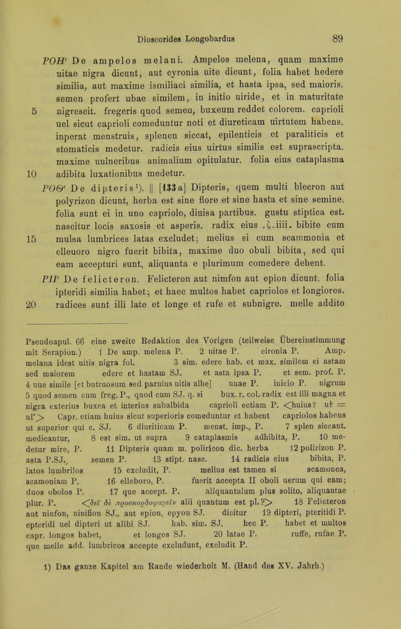 POH1 * * 4 5 De ampelos melani. Ampelos melena, quam maxime uitae nigra dicunt, aut cyronia uite dicunt, folia habet hedere similia, aut maxime ismiliaci similia, et hasta ipsa, sed maioris. semen profert ubae similem, in initio uiride, et in maturitate 5 nigrescit. fregeris quod semen, buxeum reddet colorem. caprioli uel sicut caprioli comeduntur noti et diureticam uirtutem habena. inperat menstruis, splenen siccat, epilenticis et paraliticis et stomaticis medetur. radicis eius uirtus similia est supraacripta. maxime uulneribua animalium opitulatur. folia eius cataplasma 10 adibita luxationibua medetur. POO' De dipteris1). [| [133a] Dipteris, quem multi blecron aut polyrizon dicunt, herba est sine flore et sine hasta et sine semine. folia sunt ei in uno capriolo, diuisa partibus. gustu stiptica est. nascitur locis saxosis et asperis. radix eius . £.iiii. bibite cum 15 mulsa lumbrices latas excludet; melius si cum scammonia et elleuoro nigro fuerit bibita, maxime duo obuli bibita, sed qui eam accepturi sunt, aliquanta e plurimum comedere debent. P1P De felicteron. Felicteron aut nimfon aut epion dicunt. folia ipteridi similia habet; et haec multos habet capriolos et longiores. 20 radices sunt illi late et longe et rufe et subnigre. melle addito Pseudoapul. 66 eine zweite Redaktion des Vorigen (teilweise Übereinstimmung mit Serapion.) 1 De amp. melena P. 2 uitae P. cironia P. Amp. melana idest uitis nigra fol. 3 sim. edere hab. et max. similem ei astam sed maiorem edere et hastam SJ. et asta ipsa P. et sem. prof. P. 4 uue simile [et butruosum sed paruius uitis albe] uuae P. inicio P. nigrum 5 quod semen cum freg. P., quod cum SJ. q. si bux. r. col.-radix est illi magna et nigra exterius buxea et interius subalbida caprioli ectiam P. <huius? ui = uP> Capr. etiam huius sicut superioris comeduntur et babent capriolos habens ut superior qui c. SJ. 6 diuriticam P. menst, imp., P. 7 spien siccant. medicantur, 8 est sim. ut supra 9 cataplasmis adhibita, P. 10 me- detur mire, P. 11 Dipteris quam m. poliricon die. herba l2polirizon P. asta P.SJ. semen P. 13 stipt. nasc. 14 radicis eius bibita, P. latos lumbrilos 15 excludit, P. melius est tarnen si scamonea, scamoniam P. 16 elleboro, P. fuerit accepta II oboli uerum qui eam; duos obolos P. 17 que accept. P. aliquantulum plus solito, aliquantae plur. P. de jtQoaxoQÖocpayeTv alii quantum est pl. ?> 18 Felicteron aut ninfon, ninifion SJ., aut epion, epyon SJ. dicitur 19 dipteri, pteritidi P. epteridi uel dipteri ut alibi SJ. hab. sim. SJ. hec P. habet et multos capr. longos habet, et longos SJ. 20 latae P. ruffe, rufae P. que melle add. lumbricos accepte excludunt, excludit P. 1) Das ganze Kapitel am Rande wiederholt M. (Hand des XV. Jahrh.)