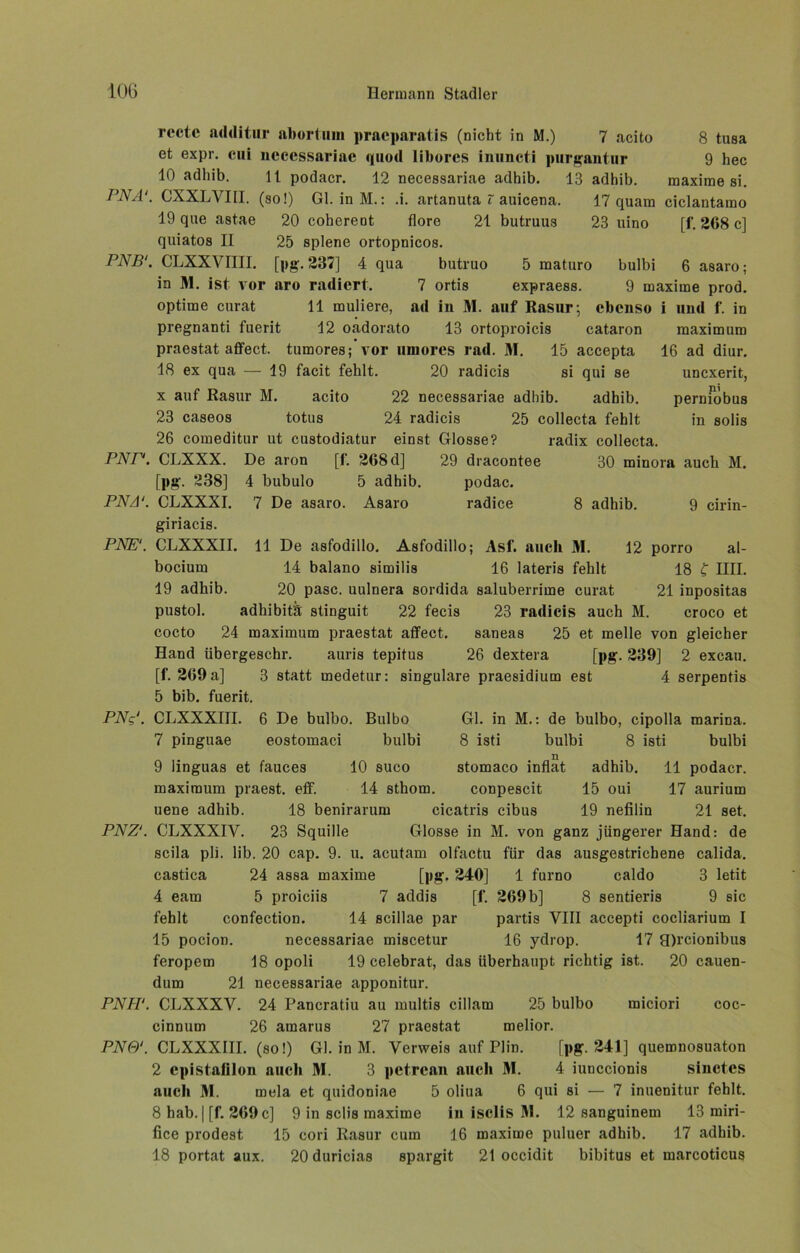 recte additur abortmn pracparatis (nicht in M.) 7 acito 8 tusa et expr. cui necessariae quod liborcs inuncti purgantur 9 hec 10 adliib. 11 podacr. 12 necessariae adhib. 13 adhib. maxime si. PNÄ‘. CXXLYIII. (so!) Gl. in M.: .i. artanuta t auicena. 17 quam ciclantamo 19 que astae 20 cohereüt flore 21 butruus 23 uino [f. 268 c] quiatos II 25 splene ortopnicos. PNB‘. CLXXVIIII. [pg. 237] 4 qua butruo 5 maturo bulbi 6 asaro; in RI. ist vor aro radiert. 7 ortis expraess. 9 maxime prod. optime curat 11 muliere, ad in M. auf Rasur; ebenso i und f. in pregnanti fuerit 12 oadorato 13 ortoproicis cataron maximum praestat affect. tumores; vor umorcs rad. M. 15 accepta 16 ad diur. 18 ex qua — 19 facit fehlt. 20 radicis si qui se uncxerit, x auf Rasur M. acito 22 necessariae adhib. adhib. perniöbus 23 caseos totus 24 radicis 25 collecta fehlt in solis 26 comeditur ut custodiatur einst Glosse? radix collecta. PNP. CLXXX. De aron [I. 268d] 29 dracontee 30 minora auch M. [pg. 238] 4 bubulo 5 adhib. podac. PNA‘. CLXXXI. 7 De asaro. Asaro radice 8 adhib. 9 cirin- giriacis. PNE‘. CLXXXII. 11 De asfodillo. Asfodillo; Asf. auch RI. 12 porro al- bocium 14 balano similis 16 lateris fehlt 18 C HII. 19 adhib. 20 pasc. uulnera sordida saluberrime curat 21 inpositas pustol. adhibitä stinguit 22 fecis 23 radicis auch M. croco et cocto 24 maximum praestat affect. saneas 25 et melle von gleicher Hand übergeschr. auris tepitus 26 dextera [pg. 239] 2 excau. [f. 269 a] 3 statt medetur: singulare praesidium est 4 serpentis 5 bib. fuerit. PNg‘. CLXXXIII. 6 De bulbo. Bulbo Gl. in M.: de bulbo, cipolla marina. 7 pinguae eostomaci bulbi 8 isti bulbi 8 isti bulbi n 9 linguas et fauces 10 suco stomaco inflat adhib. 11 podacr. maximum praest. eff. 14 sthom. conpescit 15 oui 17 aurium uene adhib. 18 benirarum cicatris cibus 19 nefilin 21 set. PNZ‘. CLXXXIV. 23 Squille Glosse in M. von ganz jüngerer Hand: de scila pli. lib. 20 cap. 9. u. acutam olfactu für das ausgestrichene calida. castica 24 assa maxime [pg. 240] 1 furno caldo 3 letit 4 eam 5 proiciis 7 addis [f. 269 b] 8 sentieris 9 sic fehlt confection. 14 scillae par partis VIII accepti cocliarium I 15 pocion. necessariae miscetur 16 ydrop. 17 H)rcionibus feropem 18 opoli 19 celebrat, das überhaupt richtig ist. 20 cauen- dum 21 necessariae apponitur. PNH‘. CLXXXY. 24 Pancratiu au multis cillam 25 bulbo miciori coc- cinnum 26 amarus 27 praestat melior. PNG1. CLXXXIII. (so!) Gl. in M. Verweis auf Plin. [pg. 241] queronosuaton 2 epistalilon auch RI. 3 petrcan auch RI. 4 iunccionis sinctes auch RI. mela et quidoniae 5 oliua 6 qui si — 7 inuenitur fehlt. 8 hab. | [f. 269 c] 9 in sclis maxime in isclis RI. 12 sanguinem 13 miri- fice prodest 15 cori Rasur cum 16 maxime puluer adhib. 17 adhib. 18 portat aux. 20 duricias spargit 21 occidit bibitus et marcoticus