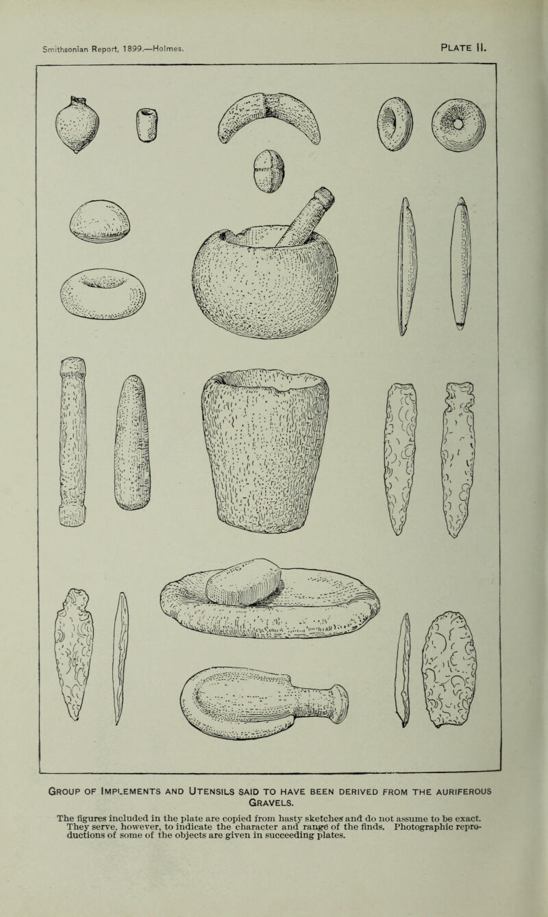 Group of Implements and Utensils said to have been derived from the auriferous Gravels. The figures included in the plate are copied from hasty sketches and do not assume to be exact. Thejr serve, however, to indicate the character and range of the finds. Photographic repro- ductions of some of the objects are given in succeeding plates.