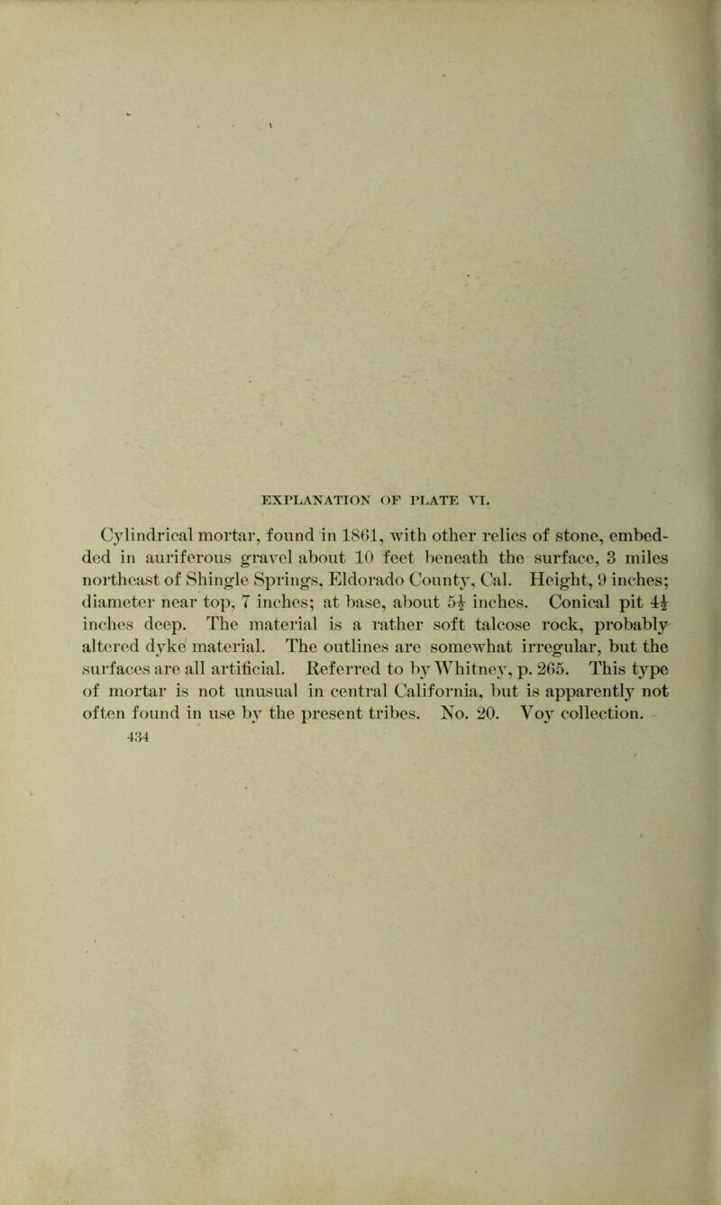 Cylindrical mortar, found in 1861, with other relics of stone, embed- ded in auriferous gravel about 10 feet beneath the surface, 3 miles northeast of Shingle Springs, Eldorado Count}-, Cal. Height, 9 inches; diameter near top, 7 inches; at base, about 5^ inches. Conical pit 4^ inches deep. The material is a rather soft talcose rock, probably altered dyke material. The outlines are somewhat irregular, but the surfaces are all artificial. Referred to by Whitney, p. 265. This type of mortar is not unusual in central California, but is apparently not often found in use by the present tribes. No. 20. Voy collection. 434