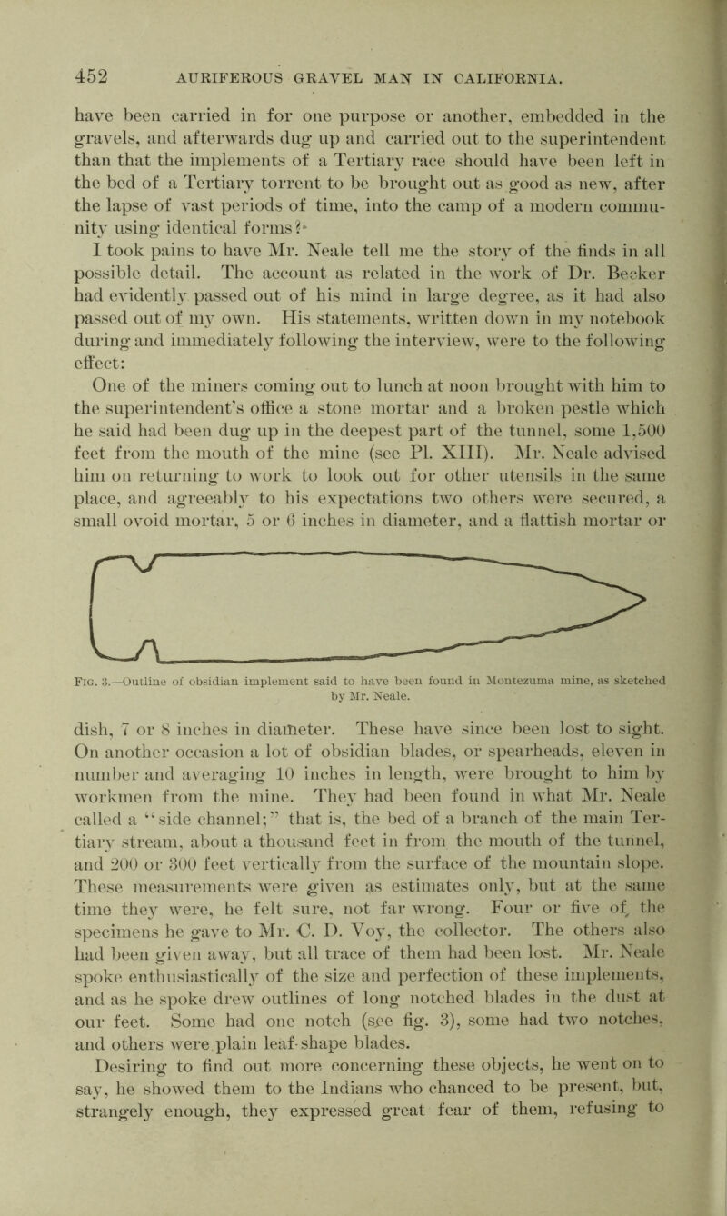 have been carried in for one purpose or another, embedded in the gravels, and afterwards dug- up and carried out to the superintendent than that the implements of a Tertiary race should have been left in the bed of a Tertiary torrent to be brought out as good as new, after the lapse of vast periods of time, into the camp of a modern commu- nit} using identical forms?* I took pains to have Mr. Neale tell me the story of the tinds in all possible detail. The account as related in the work of Dr. Becker had evidenth passed out of his mind in large degree, as it had also passed out of my own. His statements, written down in my notebook during and immediately following the interview, were to the following effect: One of the miners coming out to lunch at noon In’ought with him to the superintendent’s office a stone mortar and a broken pestle which he said had been dug up in the deepest part of the tunnel, some 1,500 feet from the mouth of the mine (see PI. XIII). Mr. Neale advised him on returning to work to look out for other utensils in the same place, and agreeabH to his expectations two others were secured, a small ovoid mortar, 5 or 6 inches in diameter, and a ffattish mortar or Fig. 3.—Outline of obsidian implement said to have been found in Montezuma mine, as sketclied by Mr. Neale. dish, T or 8 inches in diameter. These have since been lost to sight. On another occasion a lot of obsidian blades, or spearheads, eleven in numlier and averaging 10 inches in length, were brought to him by workmen from the mine. They had been found in what Mr. Neale called a “side channel;” that is, the bed of a branch of the main Ter- tiary stream, about a thousand feet in from the mouth of the tunnel, and 200 or 300 feet vertically from the surface of the mountain slope. These measurements were given as estimates only, but at the same time they were, he felt sure, not far wrong. Four or five of the specimens he gave to Mr. C. D. Voy, the collector. The others also had been given away, but all trace of them had been lost. Mr. Neale spoke enthusiastically of the size and perfection of these implements, and as he spoke drew outlines of long notched blades in the dust at our feet. Some had one notch (sge fig. 3), some had two notches, and others were plain leaf-shape blades. Desiring to find out more concerning these objects, he went on to say, he showed them to the Indians who chanced to be present, but, strangely enough, they expressed great fear of them, refusing to