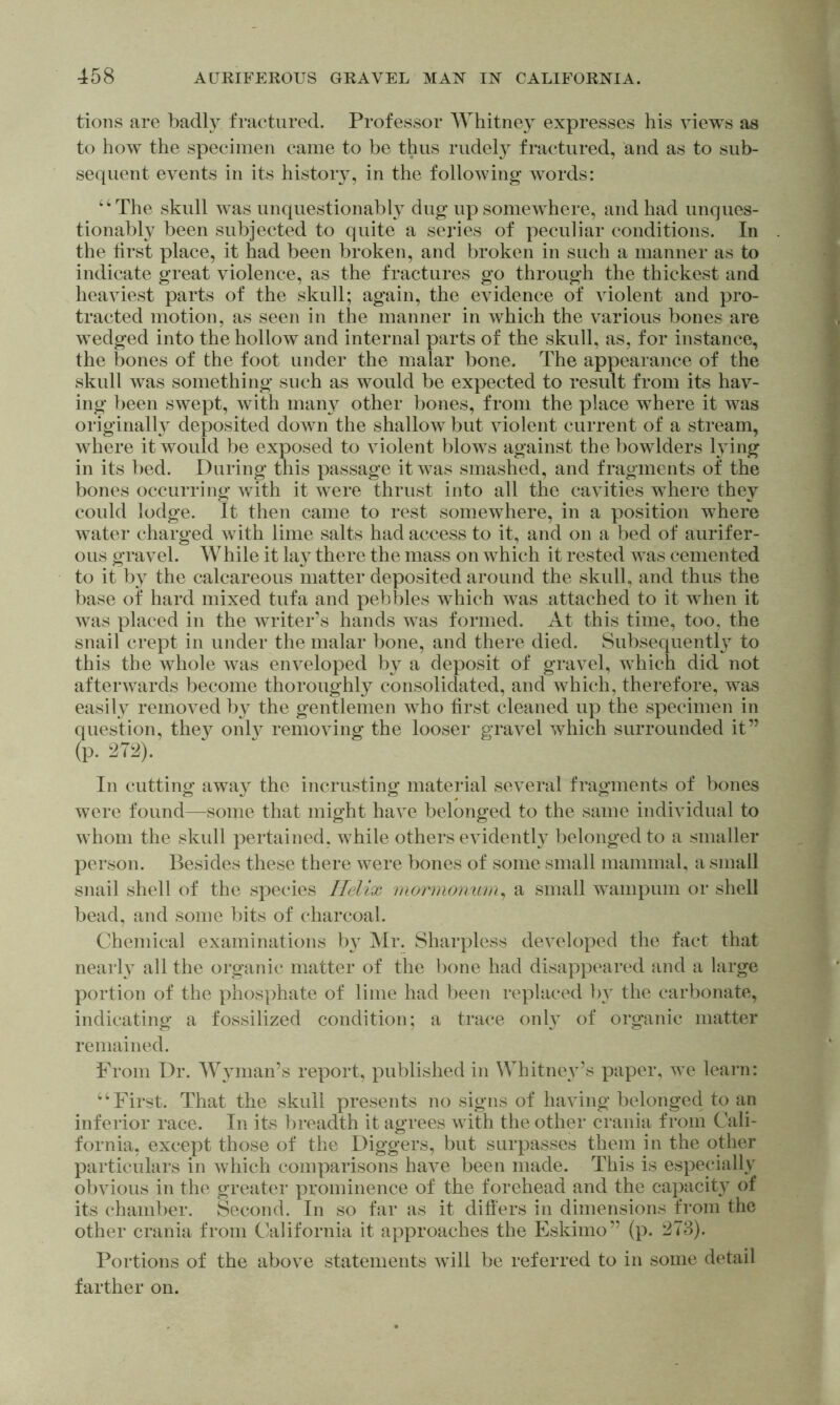 tions are badly fractured. Professor Whitney expresses his views as to how the specimen came to be thus rudety fractured, and as to sub- sequent events in its histoiy, in the following words: ‘The skull was unquestionably dug up somewhere, and had unques- tionably been subjected to quite a series of peculiar conditions. In the first place, it had been broken, and broken in such a manner as to indicate great violence, as the fractures go through the thickest and heaviest parts of the skull; again, the evidence of violent and pro- tracted motion, as seen in the manner in which the various bones are wedged into the hollow and internal parts of the skull, as, for instance, the bones of the foot under the malar bone. The appearance of the skull was something such as would be expected to result from its hav- ing been swept, with many other bones, from the place where it was originally deposited down the shallow but violent current of a stream, where it would be exposed to violent blows against the bowlders lying in its bed. During this passage it was smashed, and fragments of the bones occurring with it were thrust into all the cavities where they could lodge. It then came to rest somewhere, in a position where water charged with lime salts had access to it, and on a bed of aurifer- ous gravel. While it lay there the mass on which it rested was cemented to it by the calcareous matter deposited around the skull, and thus the base of hard mixed tufa and pebbles which was attached to it when it was placed in the writer’s hands was formed. At this time, too, the snail crept in under the malar bone, and there died. Subsequently to this the whole was enveloped by a deposit of gravel, which did not afterwards become thoroughly consolidated, and which, therefore, was easily removed by the gentlemen who tirst cleaned up the specimen in question, they onl}^ removing the looser gravel which surrounded it” (p. 272). In cutting away the incrusting material several fragments of bones were found—some that might have belonged to the same individual to whom the skull pertained, while others evidently belonged to a smaller person. Besides these there were bones of some small mammal, a small snail shell of the species Helix mormonum^ a small wampum or shell bead, and some bits of charcoal. Chemical examinations by Mr. Sharpless developed the fact that nearl}’' all the organic matter of the bone had disappeared and a large portion of the phosphate of lime had been replaced by the carbonate, indicating a fossilized condition; a trace only of organic matter remained. From Dr. Wyman’s report, published in Whitney’s paper, we leai’n: “First. That the skull presents no signs of having belonged to an inferior race. In its breadth it agrees with the other crania from Cali- fornia, except those of the Diggers, but surpasses them in the other particulars in which comparisons have been made. This is especially obvious in the greater prominence of the forehead and the capacity of its chamber. Second. In so far as it differs in dimensions from the other crania from California it approaches the Eskimo” (p. 273). Portions of the above statements will be referred to in some detail farther on.