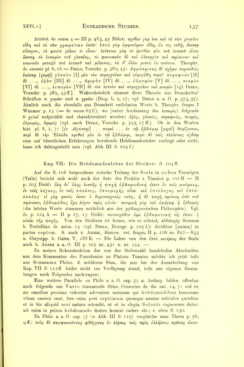 Aristot. de sensu 4 = III p. 483, 45 Didot: GyEÖbv yaQ loa Kal za rav yvfiüv Eiörj nal ta tgjv %qco fiaz nv ioziv' etttci yag dficpozEQCov Eiör]^ uv zig Ttffij, coOtteq EvXoyov, io rpaibv fiiXav zi eIvui' XEiitEiai ydo ro 'S,av&bv fxlv xov Xevkov eivui coöTtEQ ro Xmaqbv xov yXvKEog, to rpotviKovv ös Kal aXovpybv Kal txqÜOivov Kal kvuvovv /.lETaigv tov Xevkov Kal /xiXavog, tu ö aXXa iuktu ek touren/. Theophr. de caussis pl. 6, 16 = Diels, Vorsokr. p. 389, 43: ArjfiOKQiTog öl 6yfj/.ta nEQLTi&elg fjcdötai [yvfiw] yXvKVv [I] fxlv tov OiQoyyvXov Kal £u1u£y£0'»; txoieI' GTQVtpvov [II] öl . . ., ölgvv [III] öl . . ., Öqlpur [IV] öl aXf.LV()bv [V] Öl . . ., niKQOv [VI] öl . . XmaQbv [VII] öl tov Xetxtov Kal 6tQoyyvXov Kal [ukqov [vgl. Diels, Vorsokr. p. 389, 43 ff.]. Wahrscheinlich stammt diese Theorie aus Demokritos’ Schriften n. yvfiwv und 7t. %Qoäv (Diog. L. 9, 47; vgl. Diels a. a. 0. p. 373,37)- Ähnlich auch die ebenfalls aus Demokrit entlehnten Worte b. Theophr. fragm. I Wimmer p. 23 (= de sensu 65 f.), wo (unter Auslassung des XmuQÖg) folgende 6 yvXoi aufgezählt und charakterisiert werden: b£ug, yXvKvg, azQvcpvög, xciKQog, aXfivQog, öoifivg (vgl. auch Diels, Vorsokr. p. 393, 17 ff.). Ob in den Worten hist. pl. 8, 2, 7: [iv AiyvnTco] . . . ttvqoI ... iv xSt fjSdöfico [pt/vt] ftcQ^ovTai, tteqI öl ttjv 'EXXäöa xptffm filv iv tco ißöofico, naga öl t01g nXEiOxoig oyöon eine auf bäuerlichen Erfahrungen beruhende Hebdomadenlehre vorliegt oder nicht, lasse ich dahingestellt sein (vgl. Abh. III S. 103 f.) Kap. VII: Die Hebdomadenlehre der Stoiker: S. 104fr. Auf die S. 106 besprochene stoische Teilung der Seele in sieben Vermögen (Teile) bezieht sich wohl auch der Satz des Proklos z. Timaios p. 202 B = II p. 203 Diehl: öXrj öi oXrjg iavzfjg r\ tl’vyr] ißö0fxaölkt] eOtlv iv zaig fioiQuig, iv zoig Xoyoig, iv t oig KVKXoig, ETtzuixEQrjg ov6a Kal ETCzäXoy 0 g Kal etttÜ- KVKXog' Ei yciQ fxoväg iöTvv 6 örfiuovQyiKog vovg, j] dl ipu^»] TtoxoTcog anb vov 7tq6ei6iv, ißöo(.lüöog e'/el Xöyov TtQog avzoV naTQiKrj ydo Kal <x[m']tcoq t) ißöo/xdg (die letzten Worte stammen natürlich aus der pythagoreischen Philosophie). Vgl. ib. p. 224 A = II p. 27, 15 Diehl: navTayö&EV aga i ß ö 0 /.iaz ikt] t ig iöxiv ;; ovGlu TTjg tpv%T]g. Von den Stoikern ist ferner, wie es scheint, abhängig Soranus b. Tertullian de anim. 14 (vgl. Diels, Doxogr. p. 205 f.): dividitur [anima] in partes septem. S. auch v. Arnim, Stoicor. vet. fragm. II p. 226 nr. 827—833 u. Chrysipp. b. Galen. V, 288 K. — Die Lehre von den etttcc Kivr\6£ig der Seele auch b. Arnim a. a. 0. III p. 105 nr. 431 u. nr. 444. — Zu meiner Kekonstruktion des von der Siebenzahl handelnden Abschnittes aus dem Kommentar des Poseidonios zu Platons Timaios möchte ich jetzt teils aus Schmekels Philos. d. mittleren Stoa, die mir bei der Ausarbeitung von Kap. VII S. 112 ff. leider nicht zur Verfügung stand, teils aus eigenen Samm- lungen noch Folgendes nachtragen: Eine weitere Parallele zu Philo a. a. 0. cap. 35 a. Anfang bilden offenbar auch folgende aus Varro stammende Sätze Censorins de die nat. 14, 7: sed ex eis Omnibus proxime videntur adcessisse nat-uram qui hebdomadibus humanam vitam emensi sunt, fere enim post septimum quemque annum articulos quosdam et in his aliquid novi nat-ura ostendit, ut et in elegia Solonis cognoscere datur. ait enim in prima hebdomade dentes homini cadere etc.; s. oben S. 130. Zu Philo a. a. 0. cap. 37 (s. Abh. III S- 11 g) vergleiche man Theon p. 56, 9 ff.: Tovg öl Gvycpavovvzug cp&oyyovg iv Xoyoig xoig nqog aXXrjXovg itQwzog ccvev-