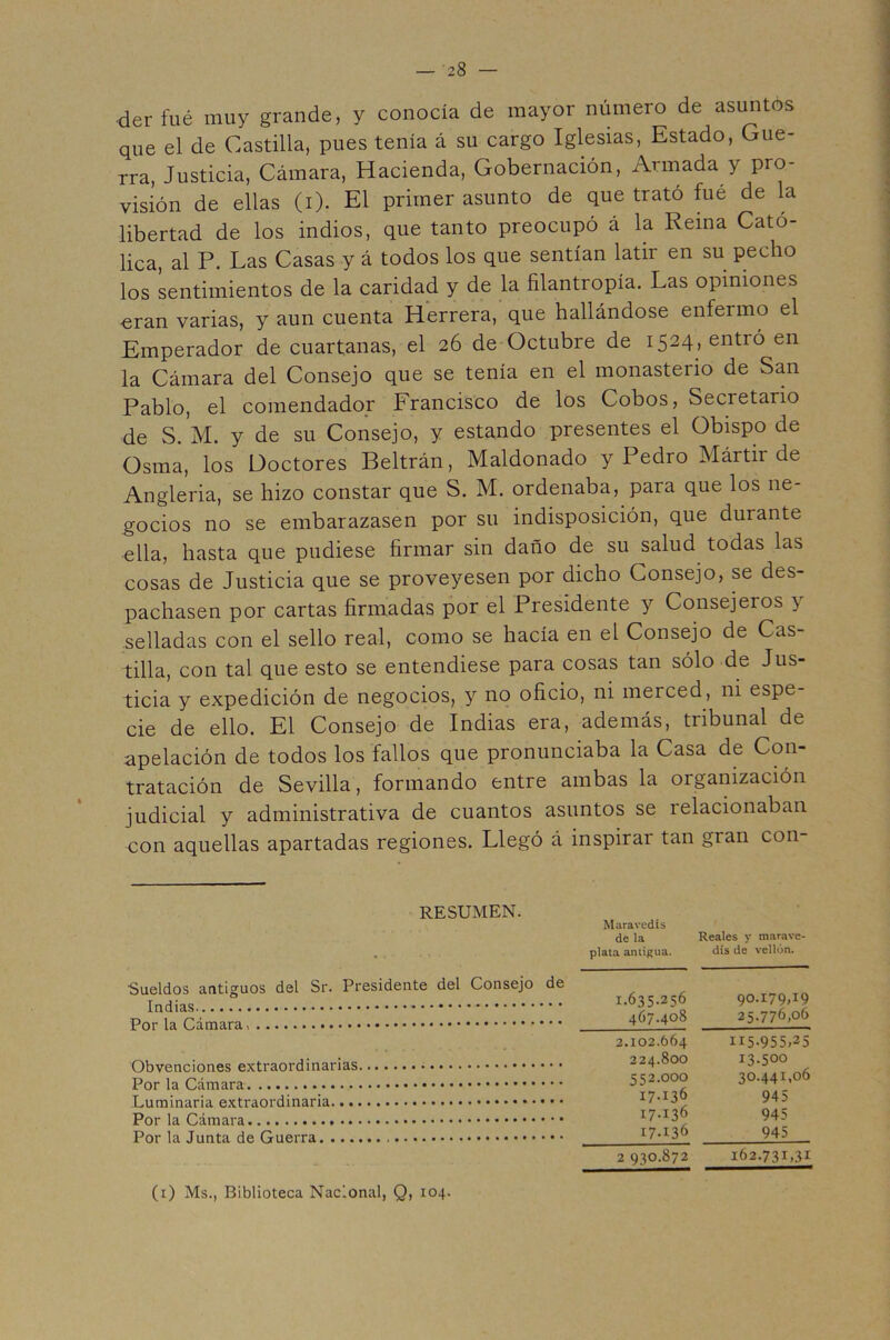 derfué muy grande, y conocía de mayor número de asuntos que el de Castilla, pues tenía á su cargo Iglesias, Estado, Gue- rra, Justicia, Cámara, Hacienda, Gobernación, Armada y pro- visión de ellas (i). El primer asunto de que trató fué de la libertad de los indios, que tanto preocupó á la Reina Cató- lica, al P. Las Casas y á todos los que sentían latir en su pecho los Untimientos de la caridad y de la filantropía. Las opiniones oran varias, y aun cuenta Herrera, que hallándose enfermo el Emperador de cuartanas, el 26 de Octubre de 1524, entró en la Cámara del Consejo que se tenía en el monasterio de San Pablo, el comendador Francisco de los Cobos, Secretario de S. M. y de su Consejo, y estando presentes el Obispo de Osma, los Doctores Beltrán, Maldonado y Pedro Mártir de Angleria, se hizo constar que S. M. ordenaba, para que los ne- gocios no se embarazasen por su indisposición, que durante ella, hasta que pudiese firmar sin daño de su salud todas las cosas de Justicia que se proveyesen por dicho Consejo, se des- pachasen por cartas firmadas por el Presidente y Consejeros y selladas con el sello real, como se hacía en el Consejo de Cas- tilla, con tal que esto se entendiese para cosas tan sólo de Jus- ticia y expedición de negocios, y no oficio, ni merced, ni espe- cie de ello. El Consejo de Indias era, además, tribunal de apelación de todos los fallos que pronunciaba la Casa de Con- tratación de Sevilla, formando entre ambas la organización judicial y administrativa de cuantos asuntos se relacionaban -con aquellas apartadas regiones. Llegó á inspirar tan gran con- RESUMEN. Maravedís de la plata antigua. Reales y marave- dís de vellón. Sueldos antiguos del Sr. Presidente del Consejo de 1.635.256 9O.i79.i9 467.408 25.776,06 2.102.664 224.800 115.955,25 13.500 552.000 30.441,06 17.136 945 17.136 945 17.136 945 2 930.872 162.731,31