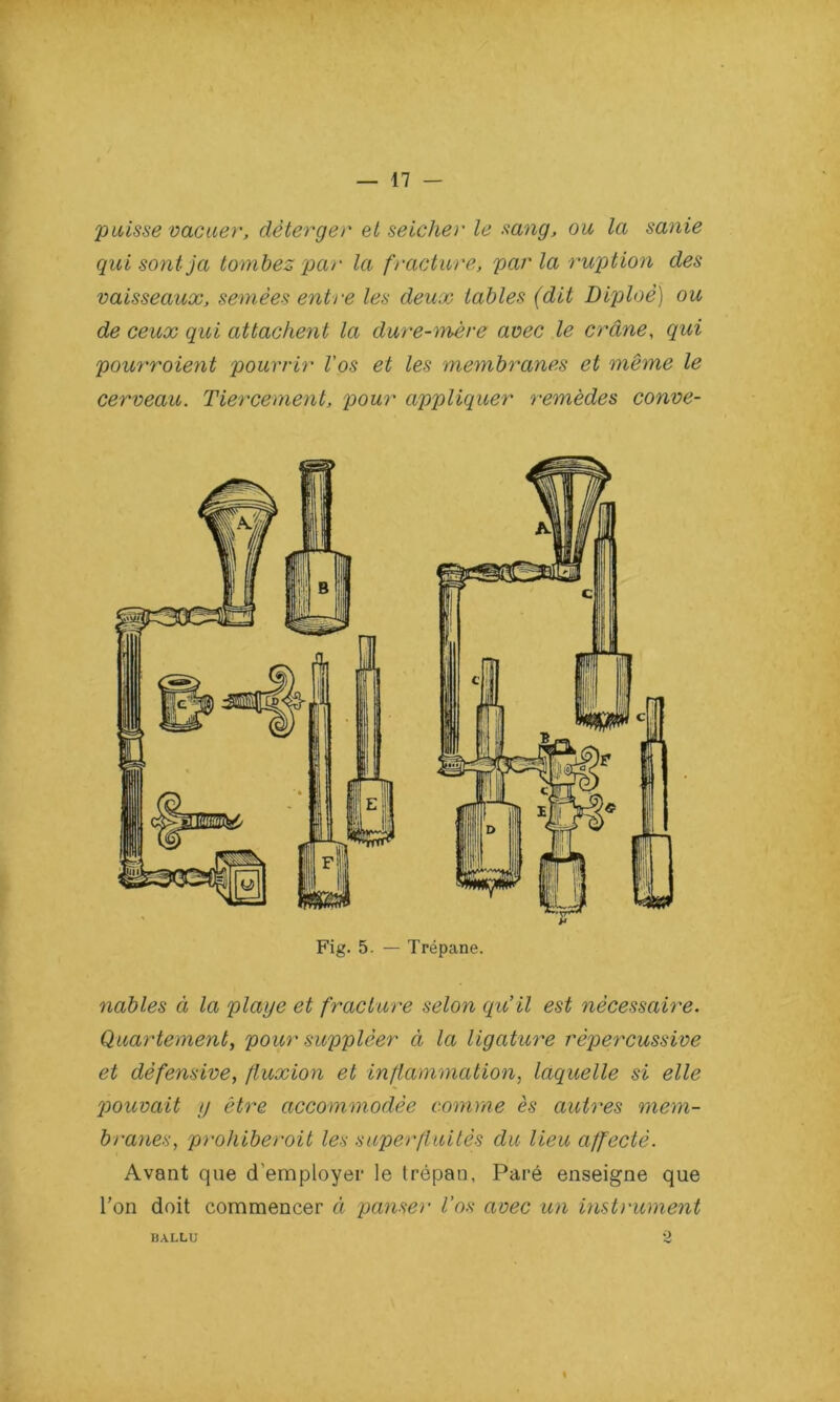 puisse vacuer, dèterger et seicher le sang, ou la sanie qui sont ja tombez par la fracture, parla ruption des vaisseaux, semées entre les deux tables (dit Diploè) ou de ceux qui attachent la dure-mère avec le crâne, qui pourvoient pourrir l'os et les membranes et même le cerveau. Tiercement, pour appliquer remèdes conve- Fig. 5. — Trépane. nobles à la plage et fracture selon qu’il est nécessaire. Quartement, pour suppléer à la ligature rèpercussive et défensive, fluxion et inflammation, laquelle si elle pouvait y être accommodée comme ès autres mem- branes, prohiberait les superfluités du lieu affecté. Avant que d’employer le trépan. Paré enseigne que Ton doit commencer et panser Vos avec un instrument BALLU 2 I