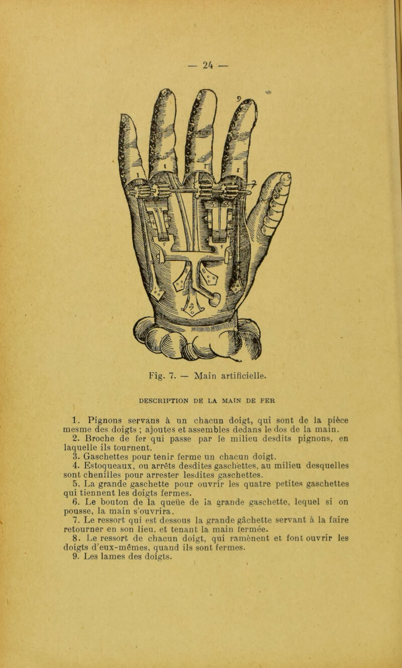 Fig. 7. — Main artificielle. DESCRIPTION DE LA MAIN DE FER 1. Pignons servans à un chacun doigt, qui sont de la pièce mesme des doigts ; ajoutes et assembles dedans le dos de la main. 2. Broche de fer qui passe par le milieu desdits pignons, en laquelle ils tournent. 3. Gaschettes pour tenir ferme un chacun doigt. 4. Estoqueaux, ou arrêts desdites gaschettes, au milieu desquelles sont chenilles pour arrester lesdites gaschettes. 5. La grande gaschette pour ouvrir les quatre petites gaschettes qui tiennent les doigts fermes. 6. Le bouton de la queüe de la grande gaschette, lequel si on pousse, la main s’ouvrira. 7. Le ressort qui est dessous la grande gâchette servant à la faire retourner en son lieu, et tenant la main fermée. 8. Le ressort de chacun doigt, qui ramènent et font ouvrir les doigts d’eux-mêmes, quand ils sont fermes. 9. Les lames des doigts.