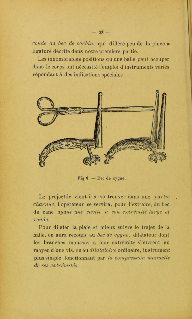 coudé ou bec de corbin, qui diffère peu de la pince à ligature décrite dans notre première partie. Les innombrables positions qu’une balle peut occuper dans le corps ont nécessité l'emploi d’instruments variés répondant à des indications spéciales. Le projectile vient-il à se trouver dans une 'partie charnue, l’opérateur se servira, pour l’extraire, du bec de cane ayant une cavité à son extrémité large et ronde. Pour dilater la plaie et mieux suivre le trajet de la balle, on aura recours au bec de cygne, dilatateur dont les branches mousses à leur extrémité s'ouvrent au moyen d’une vis, ou au dilatatoire ordinaire, instrument plus simple fonctionnant par la compression manuelle de ses extrémités.