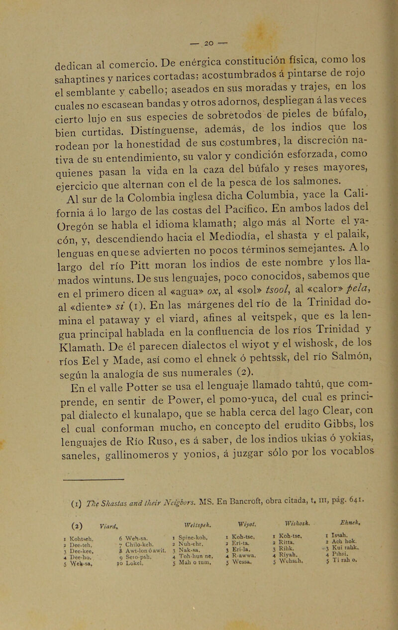 dedican al comercio. De enérgica constitución física, como los sahaptines y narices cortadas; acostumbrados á pintarse de rojo el semblante y cabello; aseados en sus moradas y trajes, en los cuales no escasean bandas y otros adornos, despliegan á las veces cierto lujo en sus especies de sobretodos de pieles de búfalo, bien curtidas. Distínguense, además, de los indios que los rodean por la honestidad de sus costumbres, la discreción na- tiva de su entendimiento, su valor y condición esforzada, como quienes pasan la vida en la caza del búfalo y reses mayores, ejercicio que alternan con el de la pesca de los salmones. Al sur de la Colombia inglesa dicha Columbia, yace la Cali- fornia á lo largo de las costas del Pacifico. En ambos lados del Oregón se habla el idioma klamath; algo más al Norte el ya- cón, y, descendiendo hacia el Mediodía, el shasta y el palaik, lenguas enquese advierten no pocos términos semejantes. Alo largo del río Pitt moran los indios de este nombre y los lla- mados wintuns. De sus lenguajes, poco conocidos, sabemos que en el primero dicen al «agua» ox} al «sol» tsool, al «calor» pela, al «diente» si (i). En las márgenes del río de la Trinidad do- mina el pataway y el viard, afines al veitspek, que es la len- gua principal hablada en la confluencia de los ríos Trinidad y Klamath. De él parecen dialectos el wiyot y el wishosk, de los ríos Eel y Made, así como el ehnek ó pehtssk, del río Salmón, según la analogía de sus numerales (2). En el valle Potter se usa el lenguaje llamado tahtú, que com- prende, en sentir de Power, el pomo-yuca, del cual es princi- pal dialecto el kunalapo, que se habla cerca del lago Olear, con el cual conforman mucho, en concepto del erudito Gibbs, los lenguajes de Río Ruso, es á saber, de los indios ukias ó yolaas, sáneles, gallinomeros y yonios, á juzgar sólo por los vocablos (1) TJ;c Shastas and Llieir Ncigbors. MS. En Bancroft, obra citada, t. m, pág. 641. (2) Viard. Weitspek. Wiyot. 1 Kohtseh. 2 Dee-teh. 3 Dec-kee, 4 Dee-lio. 5 Wel*-sa. 6 Weh-sa. i Spine-koh, i Koh-tse, 7 Chilo-ktíh. 2 Nuh-ehr. 2 Eri-ta. 8 Awt-lon ó awit. 3 Nak-sa. 3 Eri-la. 9 Seto psh. 4 Tohhun ne. 4 R-awwa. ,0 Lokcl. 5 Mah o tum. 5 Wessa. Wishosk. 1 Koh-tse. 2 Ritta. 3 Rilik. 4 Riyah. 5 VclisUi. Ehnek. 1 Issah. 2 Ach hok. 3 Kui rahk. 4 Pihsi. 5 Ti rah o.