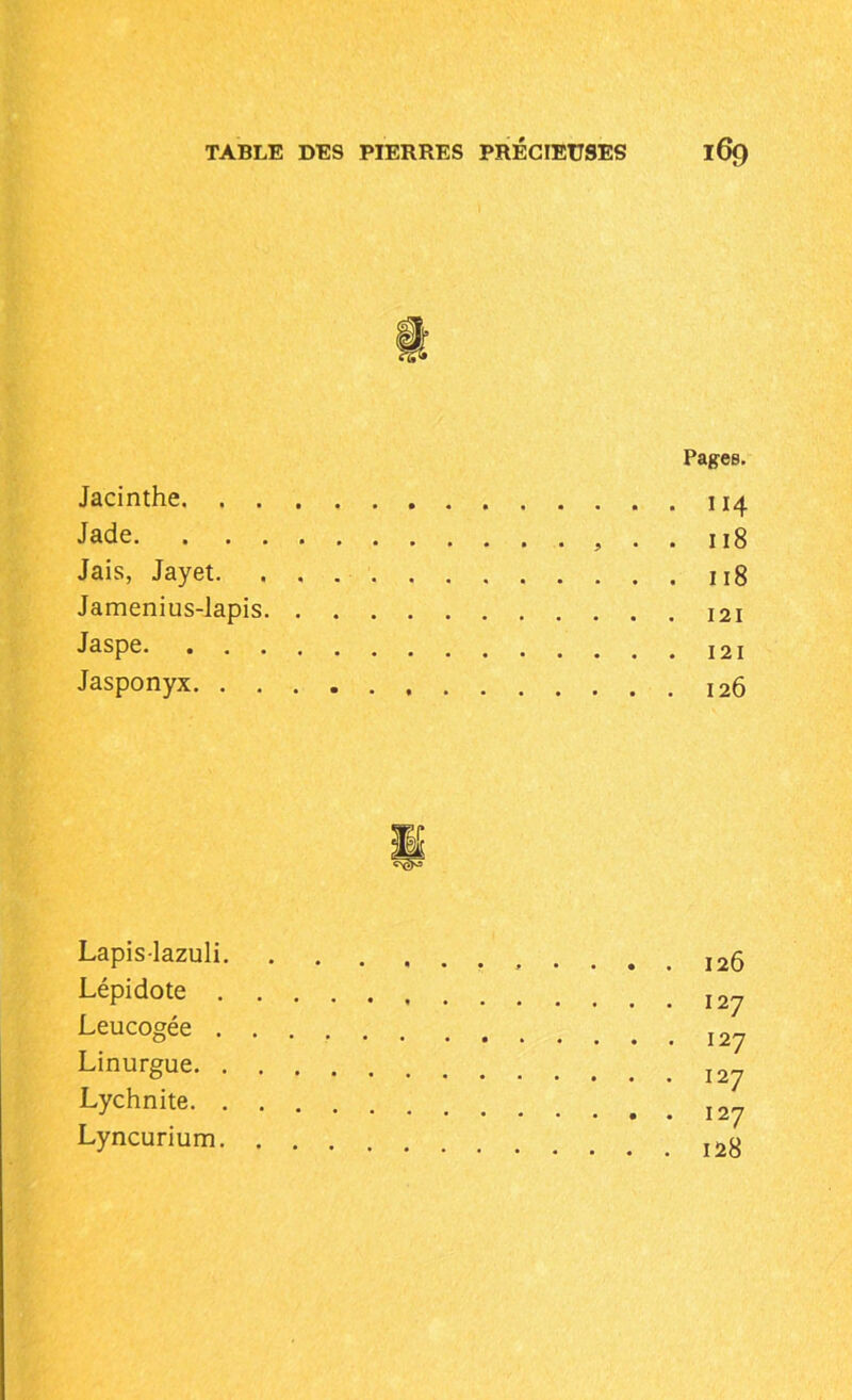 Pages. Jacinthe 114 Jade . . 118 Jais, Jayet 118 Jamenius-lapis 121 Jaspe Jasponyx I26 Lapis-lazuli. Lépidote . Leucogée . . Linurgue. . . Lychnite. . . Lyncurium. . 126 127 127 127 127 128