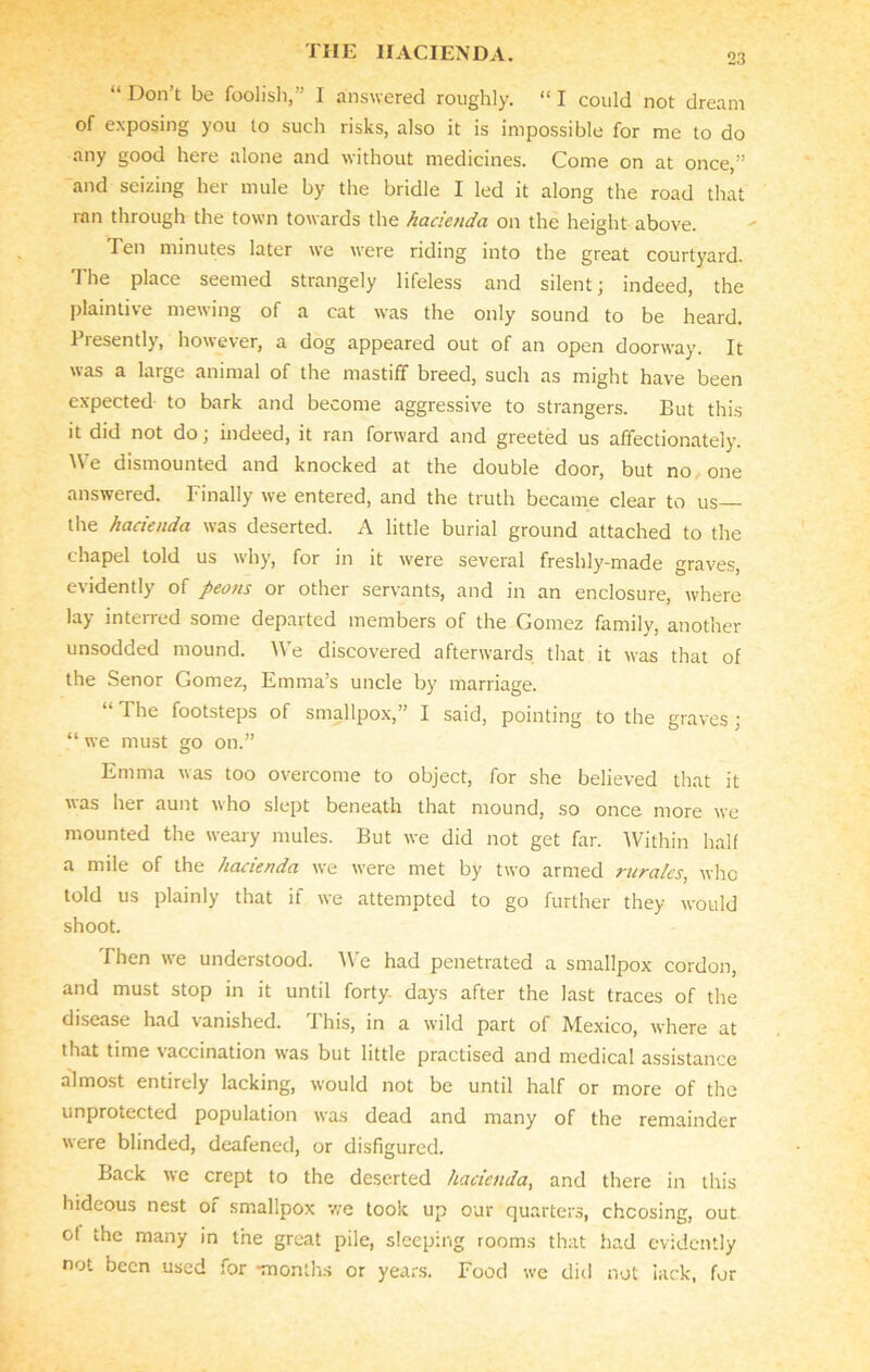 “ Uon’t be foolish,” I answered roughly. “ I could not dream of exposing you to such risks, also it is impossible for me to do any good here alone and without medicines. Come on at once,” and seizing her mule by the bridle I led it along the road that ran through the town towards the hacienda on the height above. Ten minutes later we were riding into the great courtyard. The place seemed strangely lifeless and silent; indeed, the plaintive mewing of a cat was the only sound to be heard. Presently, however, a dog appeared out of an open doorway. It was a large animal of the mastiff breed, such as might have been expected to bark and become aggressive to strangers. But this it did not do; indeed, it ran forward and greeted us affectionately. We dismounted and knocked at the double door, but no one answered. Finally we entered, and the truth became clear to us— the hacienda was deserted. A little burial ground attached to the chapel told us why, for in it were several freshly-made graves, evidently of peons or other servants, and in an enclosure, where lay interred some departed members of the Gomez family, another unsodded mound. We discovered afterwards that it was that of the Senor Gomez, Emma’s uncle by marriage. “ The footsteps of smallpox,” I said, pointing to the graves ; “ we must go on.” Emma was too overcome to object, for she believed that it was her aunt who slept beneath that mound, so once more we mounted the weary mules. But we did not get far. Within half a mile of the hacienda we were met by two armed ruralcs, who told us plainly that if we attempted to go further they would shoot. Then we understood. We had penetrated a smallpox cordon, and must stop in it until forty days after the last traces of the disease had vanished. I his, in a wild part of Mexico, where at that time xaccination was but little practised and medical assistance almost entirely lacking, would not be until half or more of the unprotected population was dead and many of the remainder were blinded, deafened, or disfigured. Back we crept to the deserted hacienda, and there in this hideous nest of smallpox we took up our quarters, chcosing, out ot the many in the great pile, sleeping rooms that had evidently not been used for -months or years. Food we did not lack, for