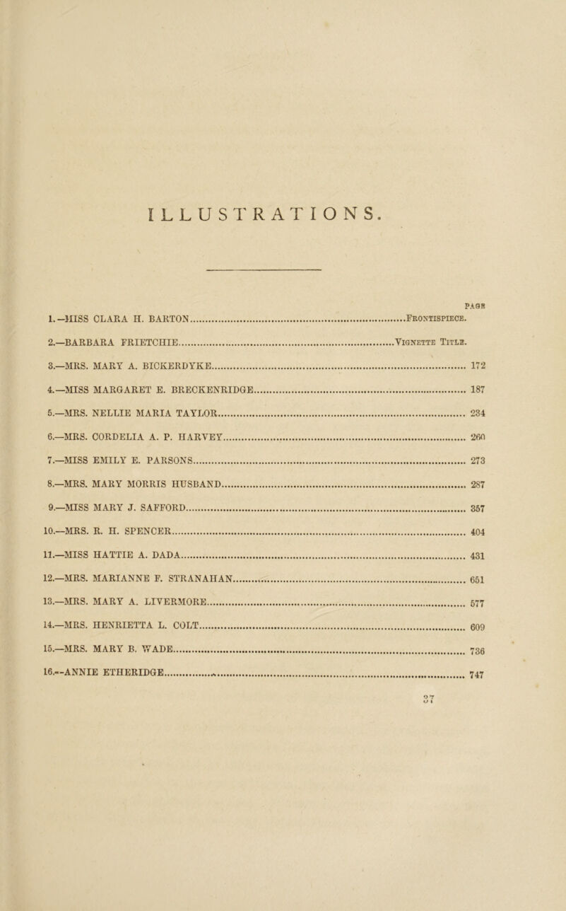 ILLUSTRATIONS PAGE 1. —MISS CLARA H. BAKTON Frontispiece. 2. —BARBARA FRIETCHIE Vignette Title. 3. —MRS. MARY A. BICKERDYKE 172 4. —MISS MARGARET E. BRECKENRIDGE 187 5. —MRS. NELLIE MARIA TAYLOR 234 6. —MRS. CORDELIA A. P. HARVEY 260 7. —MISS EMILY E. PARSONS 273 8. —MRS. MARY MORRIS HUSBAND 287 9. —MISS MARY J. SAFFORD 357 10. —MRS. R. H. SPENCER 404 11. —MISS HATTIE A. DADA 431 12. —MRS. MARIANNE F. STRANAIIAN 651 13. —MRS. MARY A. LIVERMORE 577 14. —MRS. HENRIETTA L. COLT 609 15. —MRS. MARY B. WADE 736 16. —ANNIE ETHERIDGE .s 747 0*7 a 1