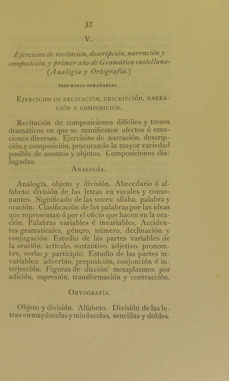 V. Ejercicios de recitación, descripción, narración y composición, y primer año de Gramática castellana• {Analogía y Ortografía.) TRES HORAS SEMANARIAS. Ejercicios de recitación, descripción narra- ción Y COMPOSICIÓN. Recitación de composiciones difíciles y trozos dramáticos en que se manifiesten afectos ó emo- ciones diversas. Ejercicios de narración, descrip- ción y composición, procurando la mayor variedad posible de asuntos y objetos. Composiciones dia- logadas. Analogía. Analogía, objeto y división. Abecedario ó al- fabeto: división de las letras en vocales y conso- nantes. Significado de las voces: sílaba, palabra y oración. Clasificación de las palabras por las ideas que representan ó por el oficio que hacen en la ora- ción. Palabras variables é invariables. Acciden- tes gramaticales, género, número, declinación y conjugación. Estudio de las partes variables de la oración: artículo, sustantivo, adjetivo, pronom- bre, verbo ,y participio. Estudio de las partes in- variables: adverbio, preposición, conjunción é in- terjección. Figuras de dicción:' metaplasmos por adición, supresión, transformación y contracción. Ortografía. Objeto y división. Alfabeto. División de las le- tras en mayúsculas y minúsculas, sencillas y dobles.