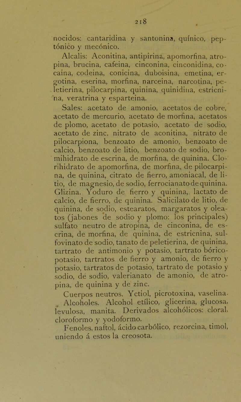 nocidos: cantaridina y santonina, quínico, pep- tónico y mecónico. Alcalis: Aconitina, antipirina, apomorfina, atro- pina, brucina, cafeina, cinconina, cinconidina, co- caina, codeina, conicina, duboisina, emetina, er- gotina, eserina, morfina, narceina, narcotina, pe- letierina, pilocarpina, quinina, quinidina, estricni- ha, veratrina y esparteina. Sales: acetato de amonio, acetatos de cobre, acetato de mercurio, acetato de morfina, acetatos de plomo, acetato de potasio, acetato de sodio, acetato de zinc, nitrato de aconitina, nitrato de pilocarpiona, benzoato de amonio, benzoato de calcio, benzoato de litio, benzoato de sodio, bro- mihidrato de eserina, de morfina, de quinina. Clo- rihidrato de apomorfina, de morfina, de pilocarpi- na, de quinina, citrato de fierro, amoniacal, de li- tio, de magnesio, de sodio, ferrocianatodequinina. Glizina. Yoduro de fierro y quinina, lactato de calcio, de fierro, de quinina. Salicilatode litio, de quinina, de sodio, estearatos, margaratos y olea- tos (jabones de sodio y plomo: los principales) sulfato neutro de atropina, de cinconina, de es- crina, de morfina, de quinina, de estricnina, sul- fovinato de sodio, tanato de peletierina, de quinina, tartrato de antimonio y potasio, tartrato bórico- potasio, tartratos de fierro y amonio, de fierro y potasio, tartratos de potasio, tartrato de potasio y sodio, de sodio, valerianato de amonio, de atro- pina, de quinina y de zinc. Cuerpos neutros. Yctiol, picrotoxina, vaselina- Alcoholes. Alcohol etílico, glicerina, glucosa, levulosa, manita. Derivados alcohólicos: doral, cloroformo y yodoformo. Fenoles, naftol, ácido carbólico, rezorcina, timol, uniendo á estos la creosota.