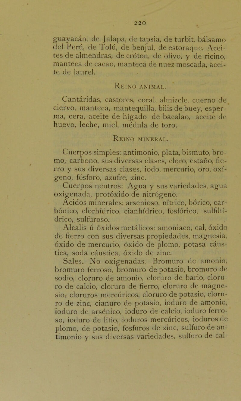 guayacán, de Jalapa, de tapsia, de turbit. bálsamo del Perú, de Tolú, de benjuí, de estoraque. Acei- tes de almendras, de cróton, de olivo, y de ricino, manteca de cacao, manteca de nuez moscada, acei- te de laurel. Reino animal. Cantáridas, castores, coral, almizcle, cuerno de ciervo, manteca, mantequilla, bilis de buey, esper- ma, cera, aceite de hígado de bacalao, aceite de huevo, leche, miel, médula de toro. Reino mineral. Cuerpos simples: antimonio, plata, bismuto, bro- mo, carbono, sus diversas clases, cloro, estaño, fie- rro y sus diversas clases, iodo, mercurio, oro, oxí- geno, fósforo, azufre, zinc. Cuerpos neutros: Agua y sus variedades, agua oxigenada, protóxido de nitrógeno. Ácidos minerales: arsenioso, nítrico, bórico, car- bónico, clorhídrico, cianhídrico, fosfórico, sulfihí- drico, sulfuroso. Alcalis ú óxidos metálicos: amoniaco, cal, óxido de fierro con sus diversas propiedades, magnesia, óxido de mercurio, óxido de plomo, potasa cáus- tica, soda cáustica, óxido de zinc. Sales. No oxigenadas. Bromuro de amonio, bromuro ferroso, bromuro de potasio, bromuro de sodio, cloruro de amonio, cloruro de bario, cloru- ro de calcio, cloruro de fierro, cloruro de magne- sio,- cloruros mercúricos, cloruro de potasio, cloru- ro de zinc, cianuro de potasio, ioduro de amonio, ioduro de arsénico, ioduro de calcio, ioduro ferro- so, ioduro de litio, ioduros mercúricos, iodurosde plomo, de potasio, fosfuros de zinc, sulfuro de an- timonio y sus diversas variedades, sulfuro de cal-