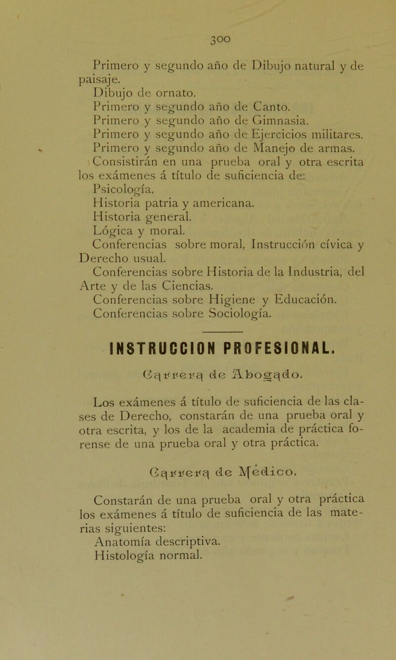 Primero y segundo año de Dibujo natural y de paisaje. Dibujo de ornato. Primero y segundo año de Canto. Primero y segundo año de Gimnasia. Primero y segundo año de Ejercicios militares. Primero y segundo año de Manejo de armas. Consistirán en una prueba oral y otra escrita los exámenes á título de suficiencia de: Psicología. Historia patria y americana. Historia general. Lógica y moral. Conferencias sobre moral, Instrucción cívica y Derecho usual. Conferencias sobre Historia de la Industria, del Arte y de las Ciencias. Conferencias sobre Higiene y Educación. Conferencias sobre Sociología. INSTRUCCION PROFESIONAL. Gq t<i<ei(q de álbogqdo. Los exámenes á título de suficiencia de las cla- ses de Derecho, constarán de una prueba oral y otra escrita, y los de la academia de práctica fo- rense de una prueba oral y otra práctica. Gqde Afedico. Constarán de una prueba oral y otra práctica los exámenes á título de suficiencia de las mate- rias siguientes: Anatomía descriptiva. Histología normal.