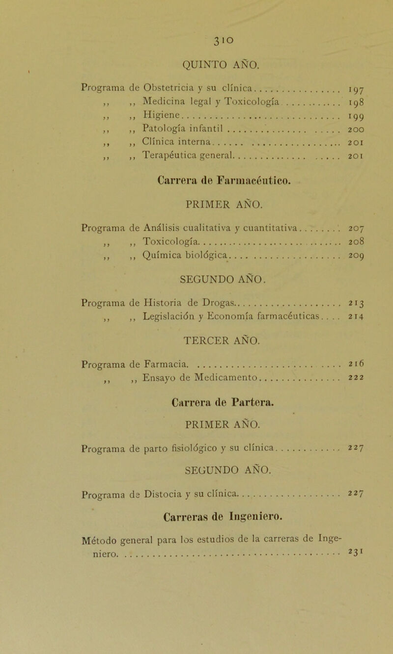3>o QUINTO AÑO. Programa de Obstetricia y su clínica 197 ,, ,, Medicina legal y Toxicología 198 ,, „ Higiene 199 ,, ,, Patología infantil 200 ,, ,, Clínica interna 201 ,, ,, Terapéutica general 201 Carrera de Farmacéutico. PRIMER AÑO. Programa de Análisis cualitativa y cuantitativa 207 ,, ,, Toxicología 208 ,, ,, Química biológica 209 SEGUNDO AÑO. Programa de Plistoria de Drogas 213 ,, ,, Legislación y Economía farmacéuticas... . 214 TERCER AÑO. Programa de Farmacia 216 ,, ,, Ensayo de Medicamento 222 Carrera de Partera. PRIMER AÑO. Programa de parto fisiológico y su clínica 227 SEGUNDO AÑO. Programa de Distocia y su clínica 227 Carreras de Ingeniero. Método general para los estudios de la carreras de Inge- niero 23!