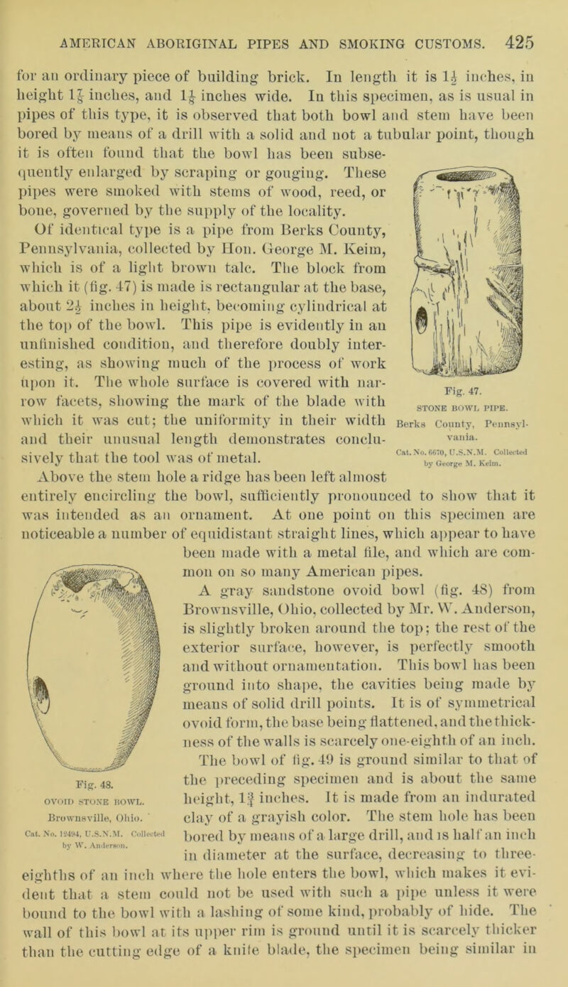 Fig. 47. STONE BOWL PIPE. Berks County, Pennsyl- vania. Cat. No. 6670, U.S.N.M. Collected by George M. Keim. for an ordinary piece of building brick. In length it is H inches, in height 1£ inches, and 1£ inches wide. In this specimen, as is usual in pipes of this type, it is observed that both bowl and stem have been bored by means of a drill with a solid and not a tubular point, though it is often found that the bowl has been subse- quently enlarged by scraping or gouging. These pipes were smoked with stems of wood, reed, or bone, governed by the supply of the locality. Of identical type is a pipe from Berks County, Pennsylvania, collected by Hon. George M. Keim, which is of a light brown talc. The block from which it (fig. 47) is made is rectangular at the base, about 24 inches in height, becoming cylindrical at the top of the bowl. This pipe is evidently in an unfinished condition, and therefore doubly inter- esting, as showing much of the process of work upon it. The whole surface is covered with nar- row facets, showing the mark of the blade with which it was cut; the uniformity in their width and their unusual length demonstrates conclu- sively that the tool was of metal. Above the stem hole a ridge has been left almost entirely encircling the bowl, sufficiently pronounced to show that it was intended as an ornament. At one point on this specimen are noticeable a number of equidistant straight lines, which appear to have been made with a metal file, and which are com- mon on so many American pipes. A gray sandstone ovoid bowl (fig. 4S) from Brownsville, Ohio, collected by Mr. W. Anderson, is slightly broken around the top; the rest of the exterior surface, however, is perfectly smooth and without ornamentation. This bowl lias been ground into shape, the cavities being made by means of solid drill points. It is of symmetrical ovoid form, the base being flattened, and the thick- ness of the walls is scarcely one-eighth of an inch. The bowl of fig. 49 is ground similar to that of the preceding specimen and is about the same height, If inches. It is made from an indurated clay of a grayish color. The stem hole has been bored by means of a large drill, and is half an inch in diameter at the surface, decreasing to three- eighths of an inch where the hole enters the bowl, which makes it evi- dent that a stem could not be used with such a pipe unless it were bound to the bowl with a lashing of some kind, probably of hide. The wall of this bowl at its upper rim is ground until it is scarcely thicker than the cutting edge of a knife blade, the specimen being similar in Fig. 48. OVOID STONE BOWL. Brownsville, Ohio. Cat. No. I *1494, U.S.N.M. Collected by W. Anderson.