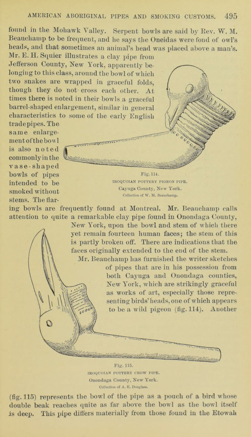 found in the Mohawk Valley. Serpent bowls are said by Rev. W. M. Beauchamp to be frequent, and he says the Oneidas were fond of owl’s heads, and that sometimes an animal’s head was placed above a man’s. Mr. E. H. Squier illustrates a clay pipe from Jefferson County, New York, apparently be- longing to this class, around the bowl of which two snakes are wrapped in graceful folds, though they do not cross each other. At times there is noted in their bowls a graceful barrel-shaped enlargement, similar in general characteristics to some of the early English trade pipes. The same enlarge- ment ofthebowl is also noted commonly in the vase-shaped bowls of pipes un- intended to be smoked without stems. The flar- ing bowls are frequently found at Montreal. Mr. Beauchamp calls attention to quite a remarkable clay pipe found in Onondaga County, New York, upon the bowl and stem of which there yet remain fourteen human faces; the stem of this is partly broken off. There are indications that the faces originally extended to the end of the stem. Mr. Beauchamp lias furnished the writer sketches of pipes that are in his possession from both Cayuga and Onondaga counties, New York, which are strikingly graceful as works of art, especially those repre- senting birds’heads, one of which appears to be a wild pigeon (fig. 114). Another IROQUOIAN POTTERY PIGEON PIPE. Cayuga County, New York. Collection of W. M. Beauchamp. Fig. 115. IROQUOIAN POTTERY CROW PIPE. Onondaga County, Now York. Collection of A. E. Douglass. (fig. 115) represents the bowl of the pipe as a pouch of a bird whose double beak reaches quite as far above the bowl as the bowl itself is deep. This pipe differs materially from those found in the Etowah