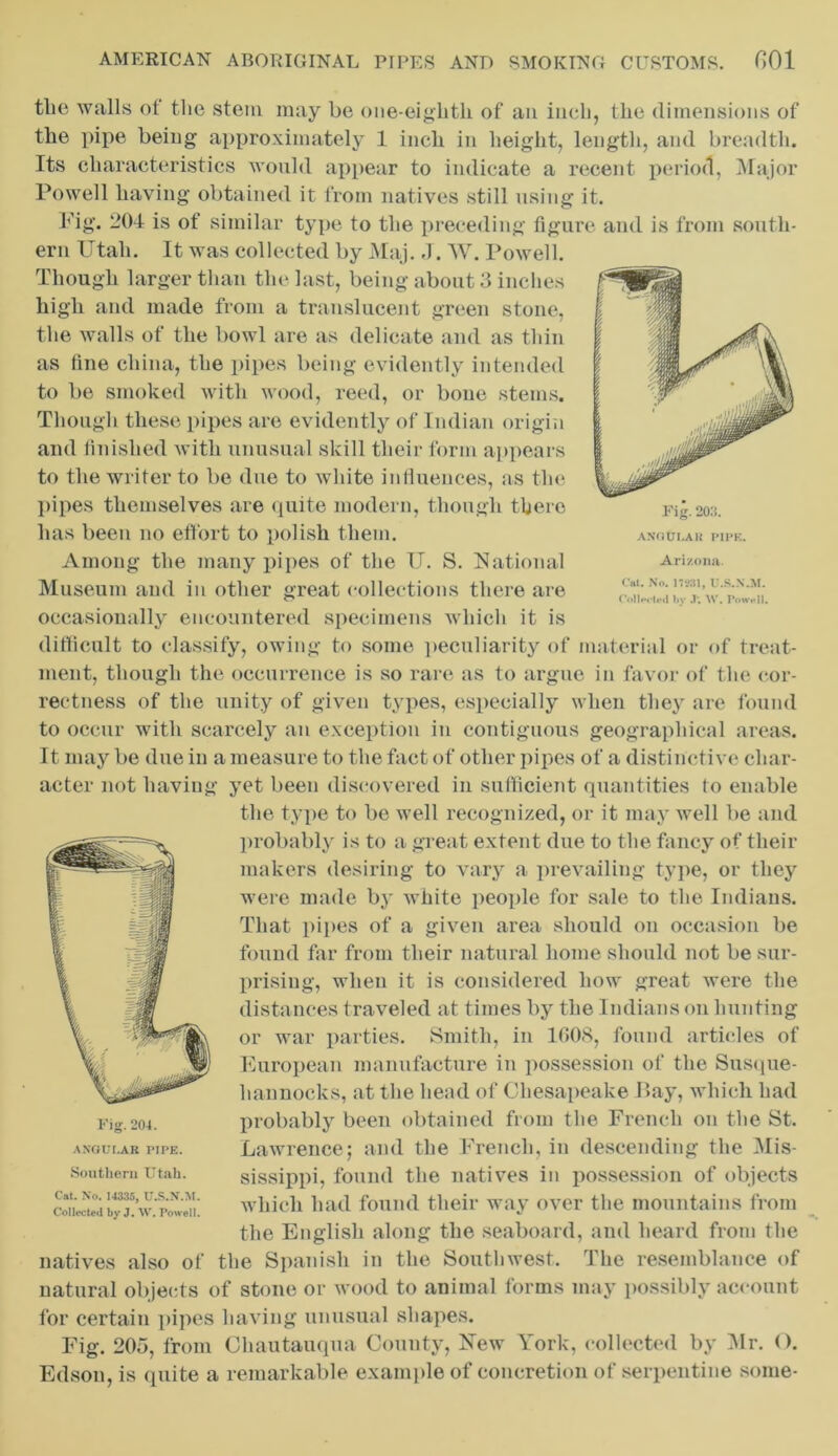 ANGULAR PIPE. Arizona. Cat. No. 17S81, U.S.N.M. ('oIIpcIimI 1)V .T‘. W. Powell. tlie walls of the stem may be one-eightli of an inch, the dimensions of the pipe being approximately 1 inch in height, length, and breadth. Its characteristics would appear to indicate a recent period, Major Powell having obtained it from natives still using it. Pig. 204 is of similar type to the preceding figure and is from south- ern Utah. It was collected by Maj. .1. W. Powell. Though larger than the last, being about 3 inches high and made from a translucent green stone, the walls of the bowl are as delicate and as thin as fine china, the pipes being evidently intended to be smoked with wood, reed, or bone stems. Though these pipes are evidently of Indian origin and finished with unusual skill their form appears to the writer to be due to white influences, as the pipes themselves are quite modern, though there has been no effort to polish them. Among the many pipes of the U. S. National Museum and in other great collections there are occasionally encountered specimens which it is difficult to classify, owing to some peculiarity of material or of treat- ment, though the occurrence is so rare as to argue in favor of the cor- rectness of the unity of given types, especially when they are found to occur with scarcely an exception in contiguous geographical areas. It may be due in a measure to the fact of other pipes of a distinctive char- acter not having yet been discovered in sufficient quantities to enable the type to be well recognized, or it may well be and probably is to a great extent due to the fancy of their makers desiring to vary a prevailing type, or they were made by white people for sale to the Indians. That pipes of a given area should on occasion be found far from their natural home should not be sur- prising, when it is considered how great were the distances traveled at times by the Indians on hunting or war parties. Smith, in 1008, found articles of European manufacture in possession of the Susque- hannocks, at the head of Chesapeake Bay, which had probably been obtained from the French on the St. Lawrence; and the French, in descending the Mis- sissippi, found the natives in possession of objects which had found their way over the mountains from the English along the seaboard, and heard from the natives also of the Spanish in the Southwest. The resemblance of natural objects of stone or wood to animal forms may possibly account for certain pipes having unusual shapes. Fig. 205, from Chautauqua County, New York, collected by Mr. O. Edson, is quite a remarkable example of concretion of serpentine some- Fig.204. ANGULAR PIPE. Southern Utah. Cat. No. 14335, U.S.N.M. Collected by J. W. Powell.