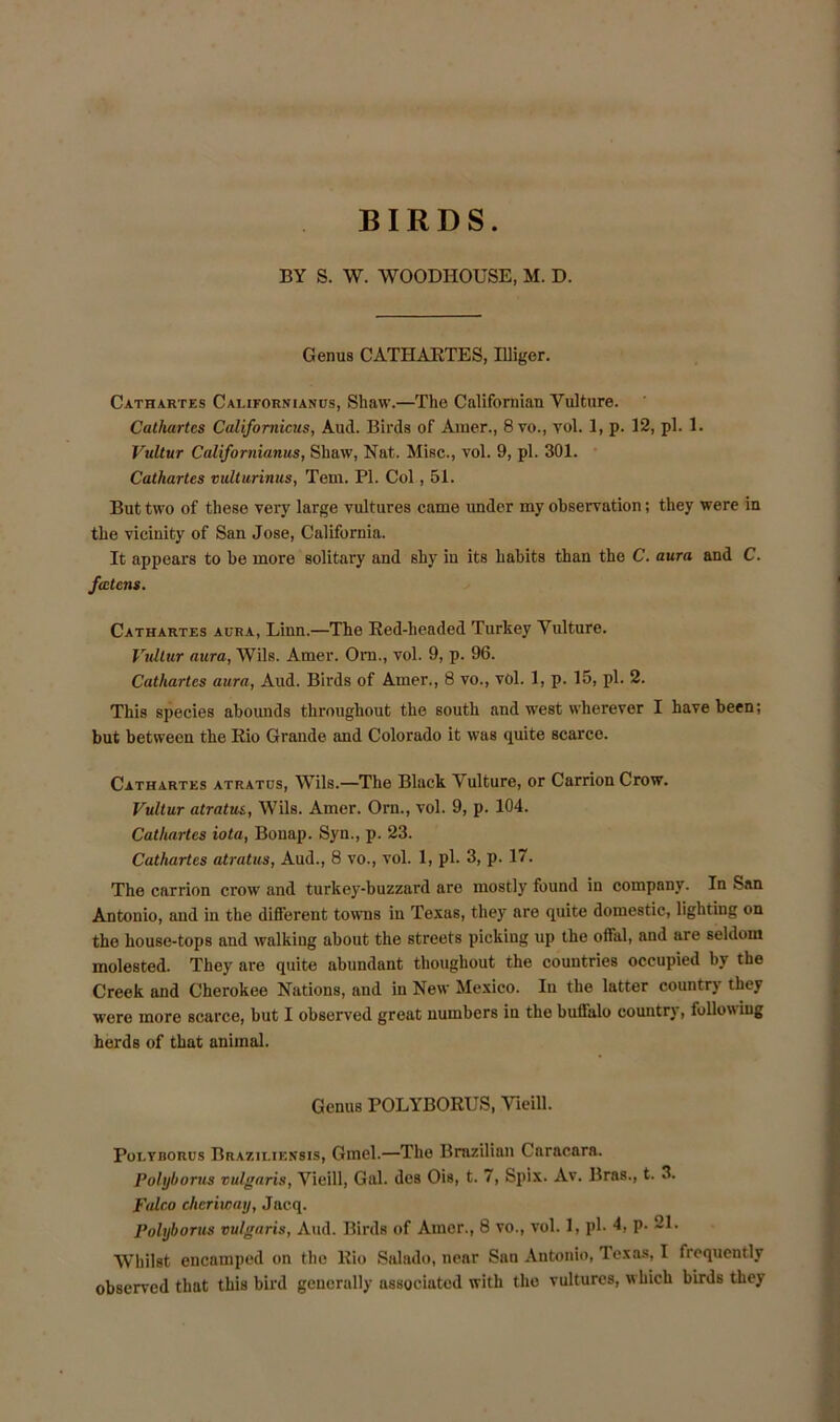 BIRDS BY S. W. WOODHOUSE, M. D. Genus CATHARTES, Uliger. Cathartes Californianus, Shaw.—The Californian Vulture. Cathartcs Califomicus, Aud. Birds of Ainer., 8vo., yol. 1, p. 12, pi. 1. Vultur Californianus, Shaw, Nat. Misc., vol. 9, pi. 301. Cathartes vulturinus, Tem. PI. Col, 51. But two of these very large vultures came under my observation; they were in the vicinity of San Jose, California. It appears to be more solitary and shy in its habits than the C. aura and C. fastens. Cathartes aura, Linn.—The Red-headed Turkey Vulture. Vultur aura, Wils. Amer. Ora., vol. 9, p. 96. Cathartes aura, Aud. Birds of Amer., 8 vo., vol. 1, p. 15, pi. 2. This species abounds throughout the south and west wherever I have been; but between the Rio Grande and Colorado it was quite scarce. Cathartes atratus, Wils.—The Black Vulture, or Carrion Crow. Vultur atratus, Wils. Amer. Orn., vol. 9, p. 104. Cathartes iota, Bonap. Syn., p. 23. Cathartes atratus, Aud., 8 vo., vol. 1, pi. 3, p. 17. The carrion crow and turkey-buzzard are mostly found in company. In San Antonio, and in the different towns in Texas, they are quite domestic, lighting on the house-tops and walking about the streets picking up the offal, and are seldom molested. They are quite abundant thoughout the countries occupied by the Creek and Cherokee Nations, and in New Mexico. In the latter country they were more scarce, but I observed great numbers iu the buffalo country, following herds of that animal. Genus POLYBORUS, Vieill. Polyborus Braziliensis, Gmel.—The Brazilian Cnracara. Pohjborus vulgaris, Vieill, Gal. des Ois, t. 7, Spix. Av. Bras., t. 3. Falco clieriway, Jacq. Polyborus vulgaris, Aud. Birds of Amer., 8 vo., vol. 1, pi- 4, p. 21. Whilst encamped on the Rio Salado, near San Antonio, Texas, I frequently observed that this bird generally associated with the vultures, which birds they