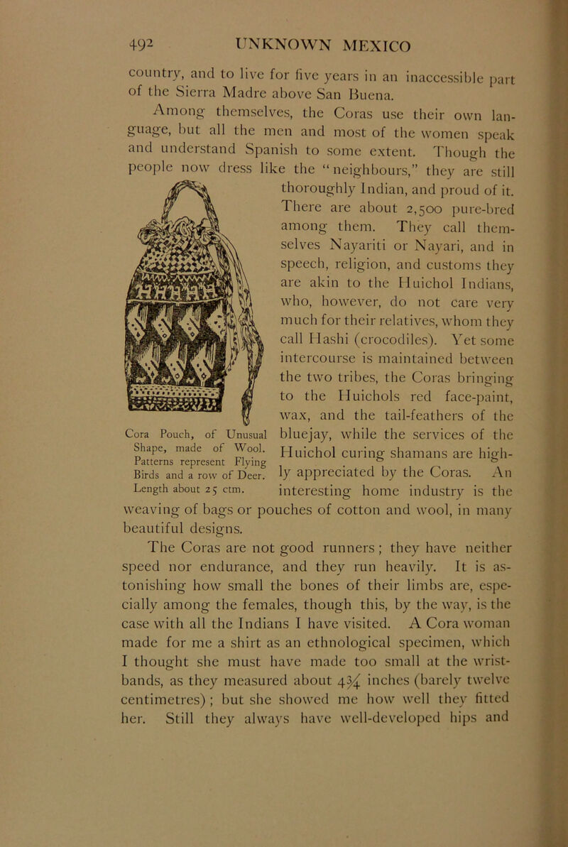 countiy, and to live for five years in an inaccessible part of the Sierra Aladre above San Buena. Among themselves, the Coras use their own lan- guage, but all the men and most of the women speak and understand Spanish to some extent. Though the people now dress like the “neighbours,” they are still thoroughly Indian, and proud of it. There are about 2,500 pure-bred among them. They call them- selves Nayariti or Nayari, and in speech, religion, and customs they are akin to the Huichol Indians, who, however, do not care very much for their relatives, whom they call Hashi (crocodiles). Yet some intercourse is maintained between the two tribes, the Coras bringing to the Huichols red face-paint, wax, and the tail-feathers of the bluejay, while the services of the Huichol curing shamans are high- ly appreciated by the Coras. An Length about 25 ctm. interesting home industry is the weaving of bags or pouches of cotton and wool, in many beautiful designs. Cora Pouch, of Unusual Shape, made of Wool. Patterns represent Flying Birds and a row of Deer. The Coras are not good runners; they have neither speed nor endurance, and they run heavily. It is as- tonishing how small the bones of their limbs are, espe- cially among the females, though this, by the way, is the case with all the Indians I have visited. A Cora woman made for me a shirt as an ethnological specimen, which I thought she must have made too small at the wrist- bands, as they measured about 4^ inches (barely twelve centimetres) ; but she showed me how well they fitted her. Still they always have well-developed hips and