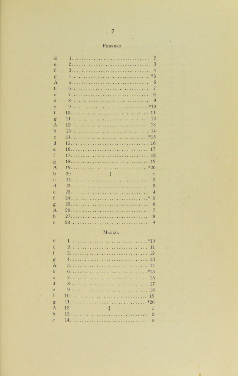 r ' ^ ‘ Febrero. d 1 2 e 2 3 f 3 4 s 4 *5 A 5 6 b 6 7 c 7 8 d 8 9 e 9 *10 f 10 11 g 11 12 A 12 13 b 13 14 c 14 *15 d 15 16 e 16 17 f 17 18 g 18 19 A 19 *20 b 20 í I c 21 2 d 22 3 e 23 4 f 24 *5 gr 25 6 A 26 7 b 27 8 c 28 9 Marzo. d 1 *10 e 2 11 f 3 12 g 4 13 A 5 14 b 6 *15 c 7 16 d 8 17 e 9 18 f 10 19 ■ g 11 *20 A 12 í I b 13 2