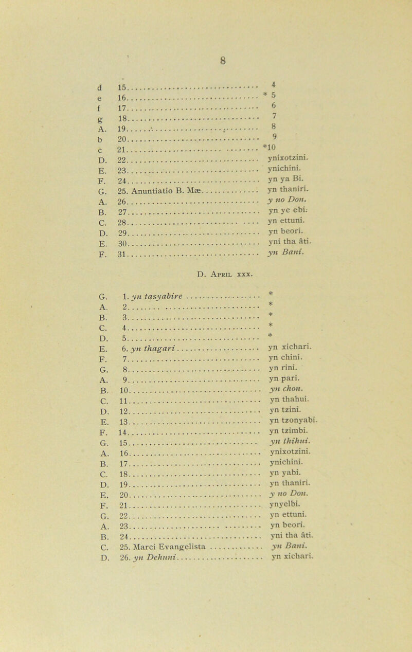 d 15 * e 16 5 f 17 6 g 18 7 A. 19 8 b 20 9 c 21 *10 Q 22 ynixotziní. E. 23 ynichini. F. 24 yn ya Bi. G. 25. Anuntiatio B. Mae yn thaniri. A. 26 y no Don. B. 27 ynyeebi. Q 28 y*^ ettuni. 29 yn beori. g 30 yni tha áti. p_ yn Bani. D. April XXX. G. 1. yn tasyabire * A. 2 * B. 3 * C. 4 * D. 5 * E. 6. yn thagari yn xichari. p 7 j^n chini. G. 8 yn rini. A. 9 ynpari. B. 10 c/io»i. Q 11 }Ti thahui. D. 12 yn tzini. p 13 yn tzonj'abi. p_ yn tzimbi. Q 15 yn thihui. 16 ynixotzini. B ynichini. C. 18 ynyabi. Q 19 yn thaniri. E. 20 y F. 21 ynj’elbi. G. 22 yn ettuni. A. 23 j^n beori. B. 24 yni tha áti. C. 25. Marci Evangelista yn Bani. D. 26. yn Dehnni yn xichari.