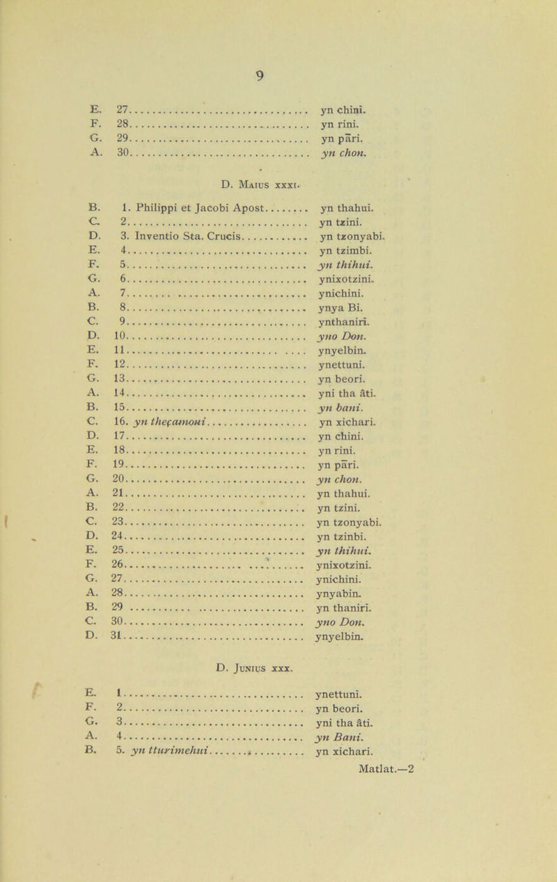 E. 27 yn chini. F. 28 yn rinL G. 29 yn parí. A. 30 yn chon. D. Maius XXXI. B. 1. Philippi et Jacobi Apost yn thahui. C. 2 yn tzini. D. 3. Inventio Sta. Crucis yn tzonyabi. E. 4 yn tzimbi. F. 5 yn thihui. G. 6 ynixotzini. A. 7 ynichini. B. 8 ynya Bi. C. 9 ynthaniri. D. 10 yno Don. E. 11 ynyelbin. F. 12 ynettuni. G. 13 yn beorí. A. 14 yni tha áti. B. 15 yn bani. C. 16. ynthefamoui yn xichari. D. 17 yn chini. E. 18 yn ríni. F. 19 yn parí. G. 20 yn chon. A. 21 yn thahui. B. 22 yn tzini. C. 23 yn tzonyabi. D. 24 yn tzinbi. E. 25 yn thihui. F. 26 ! ynixotzini. G. 27 ynichini. A. 28 ynyabin. B. 29 yn thaniri. C. 30 yno Don. D. 31 ynyelbin. D. JuNIUS XXX. E- I ynettuni. E- 2 yn beorí. 3 yni tha ati. A. 4 yn Bani. B, h. yn tturimehiii yn xichari. Matlat.—2