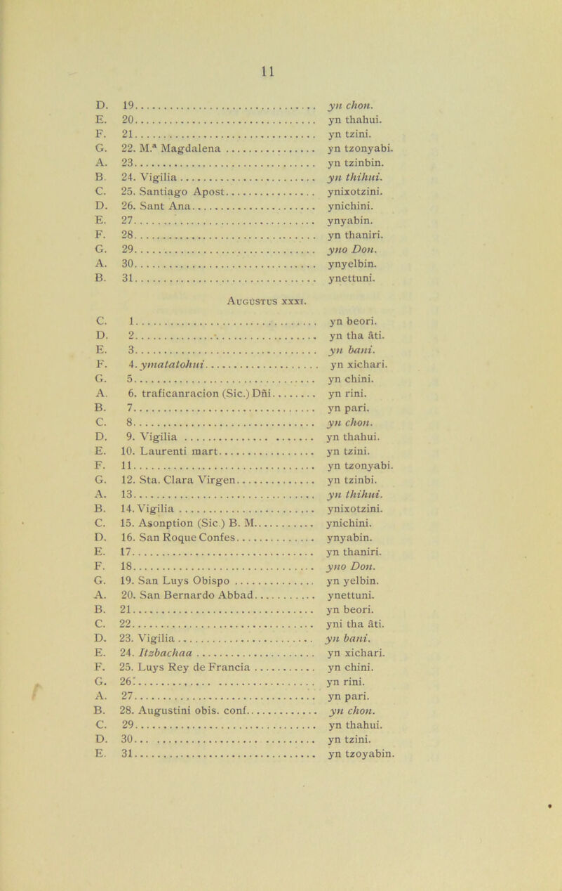 D. 19 yn chon. E. 20 yn thahui. F. 21 yn tzíni. G. 22. M.“ Magdalena yn tzonyabi. A. 23 yn tzinbin. B. 2-1. Vigilia yn thihuL C. 25. Santiago Apost ynixotzini. D. 26. Sant Ana ynichini. E. 27 ynyabin. F. 28 yn thaniri. G. 29 yno Don. A. 30 ynyelbin. B. 31 ynettuni. AuGÚSTUS XXXI. C. 1 yn beori. D. 2 • yn tha áti. E. 3 yn hani. F. A. ymatatohni yn xichari. G. 5 yn chini. A. 6. traficanracion (Sic.) Dñi yn rini. B. 7 yn pari. C. 8 y}i chon. D. 9. Vigilia yn thahui. E. 10. Laurenti mart yn tzini. F. 11 yn tzonyabi. G. 12. Sta. Clara Virgen yn tzinbi. A. 13 yn thihni. B. 14. Vigilia ynixotzini. C. 15. Asonption (Sic.) B. M ynichini. D. 16. San Roque Confes ynyabin. E. 17 yn thaniri. F. 18 yno Don. G. 19. San Luys Obispo yn yelbin. A. 20. San Bernardo Abbad ynettuni. B. 21 yn beori. C. 22 yni tha áti. D. 23. Vigilia yn bani. E. 24. Itzbachaa yn xichari. F. 25. Luys Rey de Francia yn chini. G. 26! yn rini. A. 27 yn pari. B. 28. Augustini obis. conf yn chon. C. 29 yn thahui. D. 30 yn tzini. E. 31 yn tzoyabin.