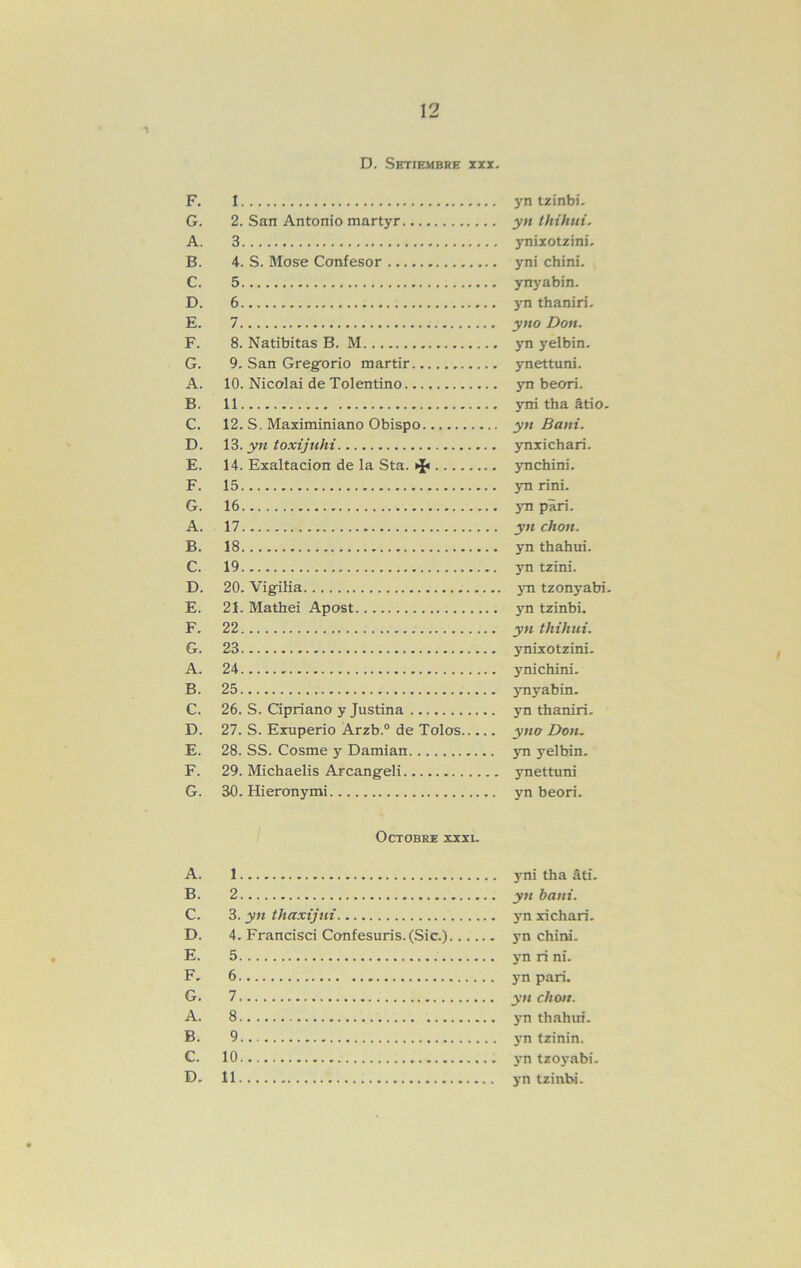 1 D. Setiembre xxx. F. G. A. B. C. D. E. F. G. A. B. C. D. E. F. G. A. B. C. D. E. F. G. A. B. C. D. E. F. G. A. B. C. D. E. F. G. A. B. C. D. 1 2. San Antonio martyr 3 4. S. Mose Confesor 5 6 7 8. Natibitas B. M 9. San Greg’orio mártir 10. Nicolai de Tolentino. 11 12. S. Maximiniano Obispo.. 13. yn toxijuhi 14. Exaltación de la Sta. ^ 15 16 17 18 19 20. Vigilia 21. Mathei Apost 22 23 24 25 26. S. Cipriano y Justina 27. S. Exuperio Arzb.“ de Tolos, 28. SS. Cosme y Damian 29. Michaelis Arcángel! 30. Hieronymi OcTOBRE XXXI. 1 2 3. yn thaxijui 4. Francisci Confesuris. (Sic.) 5 6 7 8 9 10 11 yn tzinbí. yn thihui. ynixotzini. yni chini. ynyabin. yn thaniri. yno Don. yn yelbin. ynettuni. yn beori. yni tha átio. yn Bani. ynxichari. ynchini. yn rini. yn parí. yn chon. yn thahui. yn tzini. jTi tzonyabi. yn tzinbi. yn thihui. ynixotzini. ynichini. ynyabin. yn tfaaniri. yno Don. yn yelbin. ynettuni yn beori. yni tha ati. yn bani. jm xichari. yn chini. yn ri ni. jm pari. yn chon. yn thahui. j-n tzinin. yn tzoyabi. yn tzinbi.