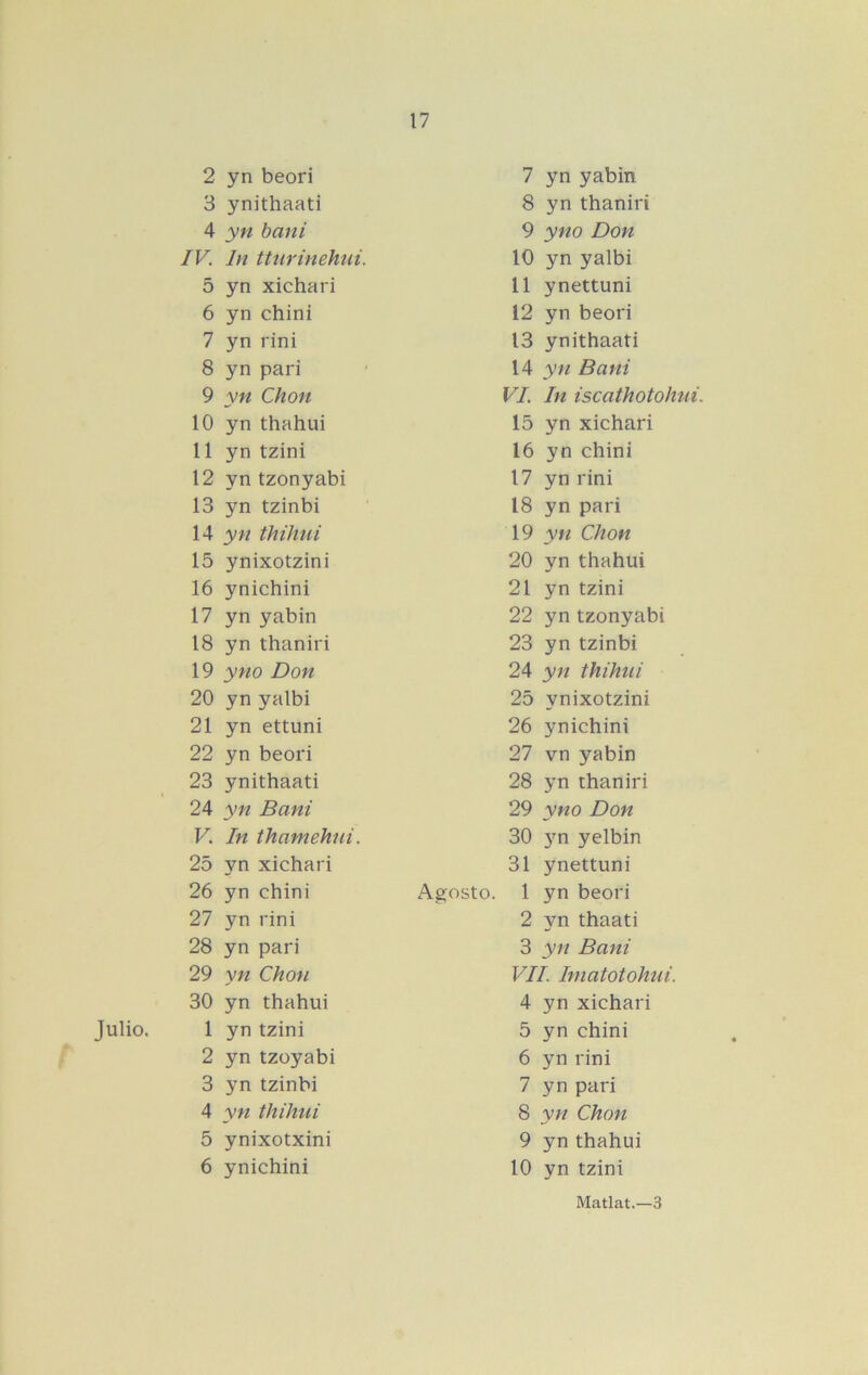 Julio. 2 yn beorí 7 yn yabin 3 ynithaati 8 yn thaniri 4 yn bani 9 yno Don IV. In tturinehui. 10 yn yalbi 5 yn xichari 11 ynettuni 6 yn chini 12 yn beorí 7 yn rini 13 ynithaati 8 yn pari 14 yn Bani 9 yn Chon VI. In iscathotohui. 10 yn thahui 15 yn xichari 11 yn tzini 16 yn chini 12 yn tzonyabi 17 yn rini 13 yn tzinbi 18 yn pari 14 yn thihui 19 yn Chon 15 ynixotzini 20 yn thahui 16 ynichini 21 yn tzini 17 yn yabin 22 yn tzonyabi 18 yn thaniri 23 yn tzinbi 19 y no Don 24 yn thihui 20 yn yalbi 25 ynixotzini 21 yn ettuni 26 ynichini 22 yn beorí 27 vn yabin 23 ynithaati 28 yn thaniri 24 yn Bani 29 yno Don V. In thamehui. 30 yelbin 25 yn xichari 31 ynettuni 26 yn chini Agosto. 1 yn beorí 27 yn rini 2 yn thaati 28 yn pari 3 yn Bani 29 yn Chon VII. Imatotohui. 30 yn thahui 4 yn xichari 1 yn tzini 5 yn chini 2 yn tzoyabi 6 yn rini 3 yn tzinbi 7 yn pari 4 yn thihui 8 yn Chon 5 ynixotxini 9 yn thahui 6 ynichini 10 yn tzini Matlat.—3
