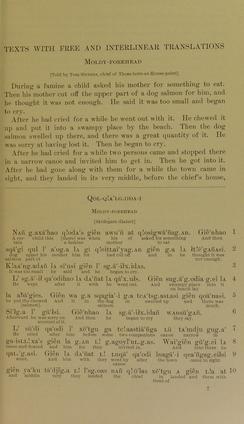 TEXTS WITH FREE AND INTERLINEAR TRANSLATIONS Moldy-fokehead [Told by Tom Stevens, chief of Those-born-at-House-point] During a famine a child asked his mother for something to eat. Then his mother cut off the upper part of a dog salmon for him, and he thought it was not enough. He said it was too small and began to cry. After he had cried for a while he went out with it. He chewed it up and put it into a swampy place by the beach. Then the dog salmon swelled up there, and there was a great quantity of it. He was Sony at having lost it. Then he began to cry. After he had cried for a while two pei’sons came and stopped there in a narrow canoe and invited him to get in. Then he got into it. After he had gone along with them for a while the town came in sight, and they landed in its very middle, before the chief’s house, Qol-q!a'eg.oda-i Moldy-forehead [Skidegnte dialect] Nau g.axa'hao qlodA's gien awu'n at qlosigwa'iiag.An. A cer- child this [there] was when his of askea for something tain a famine mother to eat sqa'gi qul 1’ (log upper his salmon part of KlaA'ng.adAu It was too small a og.a mother him 1a gi qleitLai'yag.Au gien g. lim mr had cut oil and ii a 1a he Gie'nhao And then Jtle'gAfiA.si. thou^it it was net enough. lA he SI USl said and 1’ sg.tl'-ilx.idAs. he began to cry. L’ ,sg.a'-il qa'odihao 1a dA'nat He wept after A qfi'x.uls. it with he went out. la aba'gies. Gien he put the chewed And [sjilmon]. Si'lg.a r gu'Isi. Afterward he was sorry on account of it. L’ su'di qa'odi He cried after wa it g.a An sqagia the dog salmon Gie'nhao And then 1a he Gien sug.a'g.odia g.ei Ia And swampy place into it on beach lay i g.a tcA'tsg.asLasi gien qoa'nasi. in swelled up and there was much. WAIlSU'gAil. they say. sg.a'-ilx.idan began to cry ga-isLLixa's gien came and floated and qai..'g.asi. went. gien and ya ku 'middle Gitm And ta'dii 1’ him la him lA him xe'tgu before l! g.AU for they dA'nat id with they ga tclaastia'nga some two companions g.agovi'iiL.g.as. invited in.' LU canoe tA'mdju gug.a' narrow in Wai'o-ien gu'g.ei 1a And intotliere he Euqfi' qa'odi Inagil'-i went by after the town canoe qea'ngag.eilsi came in sight very I I they t'sg.oas landed IIAU the qlo'las xe'tgu chief A i in landed front of and Lla at 10 them with