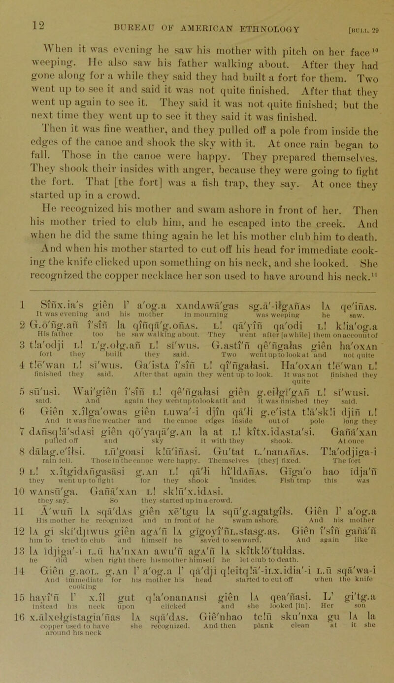 1 2 3 4 5 0 7 8 9 10 11 12 13 14 15 K) 12 1UIR1:AU or AMERICAN ETHNOLOGY [liUU,. 29 hen it wus evening lie saw his mother with jiitch on her face'® weeping. He also saw his father walking about. After they had gone along for a while they said they had built a fort for them. Two went up to see it and said it was not quite tinished. After that they went up again to see it. They said it was not ([uitc tinished; but the ne.xt time they went up to see it they .said it was fini.shed. Then it was tine weather, and they pulled off a pole from inside the edges of the canoe and .shook the sky with it. At once rain began to fall. Tho.se in the canoe wei-e happy. They prepared themselves, i hey shook their insides with anger, becau.se the}^ were going to light the fort. That [the foiTj was a tish trap, they .say. At once they started up in a crowd. He recognized his mother and swam ashore in front of her. Then his mother tried to club him, and he escaped into the creek. And when he did the .same thing again he let his mother club him to death. And when his mother started to cutoff his head for immediate cook- ing the knife clicked upon something on his neck, and she looked. She recognized the copper necklace her son u.sed to have around his neck. Stiix. ill's It WHS evening G.d'ng.an His father t.'a'odji l! fort tle'wan linishcd trien and A/ A 1 Sin his a og.il mother la ([111(111 g.OIlAS. he saw walking about. thev I.! (hey xAiidAwa'gas sg.a'-ilgAiiAs 1a qe'iiiAs. in inonrning was weeping he saw. l! qa'yin qa'odi l! klia'og.a They went after [awhile] them onaeeoniitof (i.asti'n (je'ngahis gii'n ha'oxAii too L'g.olg.afi l! si'wus built they said. .si'wus. (rll'istA I'slfl said. After that again they went np to look. Two went np to look at and not quite l! (p'figalasi. Ila'oxAii tle'wan l! Wai'gien And x.iltfa'owas it was tine weather and SU USl. said. (^ * A Tien And dAil.sqla'.sdAsi pulled olT drdag.e'ilsi. ram tell. l! they went uii to'Mght A/ A*... I Sin l! (le'ngalasi git'm again they wentiiptolookalit and It was not quite g.eilgi'gAfi l! it was tinished they g.e'istA tla'sk out of pole la at l! kitx.idAsui'si. it with they shook. i.n'goasi klfi'inAsi. (jii'tat L.'naiiAnAs. Tho.sein theeaiioe were haiipy. Them.selves [they] fixed. x.itgidAnga.siisi g.Aii i,! qa'h In'ldAiiAS. finished they LUWa -1 the canoe djin (|ll'li edges inside glen and ([o ya([U g.Aii sky for (JiifiiVxAn l! they shot)k skln'x.idAsi. Tn.sides. (Tlgu'o Fish trap this SI WUSI. .said. i (Ijifl I.! long they Gana'xAu At onee T!a'odjiga-i The fort liao idjii'n A'wun 1a sfia'dAs giCm His mother he recognized and Ia gi .skrdjiwii.s gii'n iigA'ii him to tried to elnb and him.self tliey started np in a crowd. 1a squ'g.agatgils xe tgu in front of he swam ashore. Ia gTgoyi'iiL.stasg.as. he saved to seaward. . Glen r a'og.a And his mother (lien i'.sm gana'fi And again like Ia idjiga'-i l.u Iia'iixah awu'ii agA'n Ia skitkld'tuldas. he dm wlien right there hismother himself he let club to death. CiiCm And hayrn in.stead g.aoi.. j immediate cooking X.ll neck for r a'og.a r ([fi'dii q!eit([!a'-iLx.idia'-i his mother his heail started to cut ofT L.U when Ins gut Upon x.aixtdgistagia'nas Ia copper used to have she around his neck (|!a onanAiisi clicked .Sfja'dAS. recognized. gien and Ia she Gie'nliao tclfi And then plank qea'na.si. looked [in]. L’ Her .sku'nxa clean .sqa wa-1 the knife gi'tg.ii son Ia la gu at it she