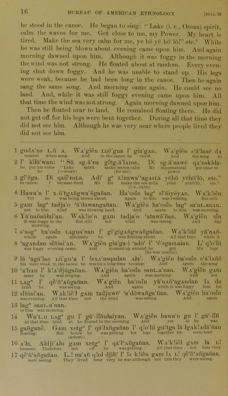 2 3 4 5 0 7 8 9 10 11 12 13 14 15 10 17 16 HUHEAU OF AMERICAN ETHNOLOGY [BULL. 29 he stood in the canoe, lie began to sing; “ Lake (i. e., Ocean) spii-it, calm the waves for me. Get close to me, my Power. My heart is tired. Make the sea very calm for me, ye ho ye ho' lo!” etc.* While he was still being blown about evening came upon him. And again morning dawned upon him. Although it was foggy in the morning the wind was not strong. He floated about at random. Every even- ing shut down foggy. And he was unable to stand up. His legs were weak, because he had been long in the canoe. 'Fhen he again sang the same .song. And morning came again. He could see no land. And, while it was still foggy evening came upon him. All that time the wind was not strong. Again morning dawned upon him. 'I'hen he floated near to land. He remained floating there. He did not get off for his legs were bent together. During all that time they did not see him. Although he was very near whei-e people lived they did not .see him. wanted when Bang. And ” gia'gAii. in the eanoe he stood. WA'gien And r kihVwan: “ Su sg.a'na gitg.a'lAiisL. he put hi.s voice “Lake spirit make waves calm to: (=oeean) (forme). Adi' Me the song to fjA'nskida- got close to gl'nga. in canoe. DI I qan n.sLa. became tired. for Llnawa'bigASLa make the .sea milk Hawa'n 1’ x.u'tgAfigwa'nganan. Yet ho was being blown about. gAin lag'‘ tadja'o ‘a'dawanganan. not to him wind was blowing hard. Ya'nanauhii'an. It was fo^'gy in the morning. AVAklie'n But still gAIU not Dl .sg.a'nawe My supernatural power yeho yeho'lo, etc.” ‘yeho ' ‘ yeho'lo, etc. (i. e., calm) Ha'o.sin lag“ si'niyeyAii. WA'klien Again to him was evening. Butslili WA'gien ha'o.sin lag“ sa'nL.aiiAn. And again to him was morning. tadja'o ‘atawa'fian. WA'gien .sin wind was strong. And day s‘a.sg“ wheue ha'osin again LAgua nan aimlessly r he ‘agAndan siniai'Aii. was foggy evening came. ‘c.'sgasLaian. ya iiAii- * while it L’ qlo'lu His iegs la ‘agfi'lan Lu'gu‘a his were weak in the canoe ‘a'hAii r same he LAg 1’ land he siniai'an. r he klA'djugafian. WA'git'n ha'osin .s‘a'lAfie gi'gigAngwanganan. WA'klial was floating about. Ali that time WA'gien gia'ga-i ‘ado' 1’ .\na to stand up around he got (he was unable) isxA'nsqadan Ahi'. wasforalongtime because. And again WA'gien ha'osin .sanL.a'nan. Wa'j And again was morning. An WA'gien ha'osin ya'nAii‘agAndan 1a da And again ' whiie it was foggy him for WAklie'f gAin tadjuwe' ‘a'dowanga'nan. WA'gien ha'o.sin .s‘i the song den was singing. qe'n‘Anganan was seeing. gAin not not the wind was strong. And again wasevening. All that time lag“ sanL.a'nan. to him was morning. Wa'L.u LAg*‘ gu 1’ gii'-iinufaiyan. At that time iand at he floated in the morning. gangane. Gaui xetg 1’ qii'lAnganau floating. Not below he was getting (ashore) A'fa. Aldjl'Afu gAin xetg 1’ qa'f‘Anganan. WA'klief gAin la lI because. Therefore not oiT he was getting. All that time not him they qe'nbinganan. L.! na'Afi q!of djifi' 1’ is klien gAin 1a l! qe'n‘Aiiganan. were seeing. They lived near very he was although ■ WA'gien hawa'n gu T ga'-iin And yet at he was 1’ qlo'lu gu'tga la fgAklAda'nan his legs together his were bent not him they were seeing.