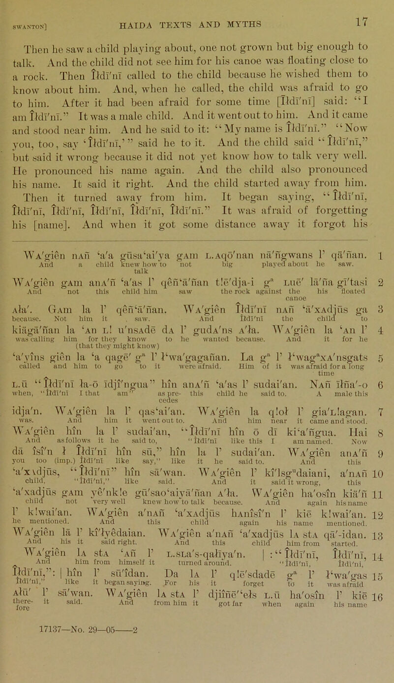 Then he saw a child playing about, one not grown but big enough to talk. And the child did not see him for his canoe was floating close to a rock. Then IMl'nl called to the child because he wished them to know about him. And, when he called, the child \\ais afraid to go to him. After it had been afraid for some time [Ildl'nl] said: “I amlidl'nl.” It was a male child. And it went out to him. And it came and stood near him. And he said to it: “My name is Ildl'nl.”^ “Now jmu, too, say ‘tldl'nl,’” said he to it. And the child .said “ Ildl'nT,” but said it wrong because it did not yet know how to talk very well, lie pronounced his name again. And the child also pronounced his name. It said it right. And the child started away from him. Then it turned away from him. It began saying, “ Ikll'nl, Ikll'ni, Ikli'nl, Ildl'nT, Ildl'nl, Ildl'nl.” It was afraid of forgetting his [name]. And when it got some distance awa}' it forgot his WA'gien iiAii ‘a'a gusabii'ya gAin L.Aqo'nan na'ngwans 1’ qil'nan. 1 And a child knew how to not big played about he saw. talk WA'gien gAin aiiA'n ‘a'as T qenbi'nan t!e'dja-i g me' Ifi'na gl'tasi 2 And not this child him his floated to was calling WA'gitm A lid r the rock against the canoe iiAn ‘fi'xAdius ga child to ‘au r for he Ildl'nT lldi'ni the gudA'ns A'la. WA'gifm la he wanted because. And it Ala'. GAin la 1’ qenhVnan. because. Not him it saw. kiiiira'nan la ‘ah e! u'n.sAde dA him for they know to (that they might know) ‘a'yiiis gien la ‘a qage' g 1’ 1‘wa'gaganan. La g'‘ 1’ 1‘wag^xA'nsgats called and him to go to it were afraid. Him of it was afraid for along time L.u “ IklT'nT la-o Tdji'ngua” Inn aiiA'n ‘a'as 1’ sudai'an. NaH TlfTa'-o when, “ildVni 1 that am as pre- this child he said to. A male thi.s cedes la q!ol r gia'Llagan. was. Arid him it went out to. And him near it came and stood. 3 4 idja'n. WA'gien la P qas‘ai'an. WA'gien was. And him it went out to. And WA'gien Inn la P sudai'an, “IklT'nT Inn o dT ki‘a'TTgua. Ilai And asfollows it he said to, “Tldl'nl like this I am named. Now da isi'n su, say, bin like I Ildl'nl Inn you too (imp.) lldi'ni like ‘a'xvdjiis, “IklT'nT” child, “ildl'nl,” like .said. An'd ‘a'xadjus gAin ye'nkle gu'sao‘ah'a'nan A'la. child not very well knew how to talk because. Inn sa wan. .said. la P sudai'an. it he said to. WA'gien 1 P he k;Will an. mentioned. WA'gien a'liAfi ‘a'xAdjus liAiiisi'n And this child again WA'gien an a' And this k]'lsgdaiani, a'liAfi 10 it said it wrong, this WA'gien ha'o.sm kia'fi 11 And again his name 1 his kie klwai'an. 12 name mentioned. WA'gien la P ki'Iyedaian. WA'gien a'liAfi ‘a'xadjus 1a stA qa'-idan. 13 And his it said right. And this child him from started. WA'gien 1a stA ‘aH P L.sLa's-qallya'n. | :“ IklT'nT And him from himself it turned around. IklT'nT,”: | bin P su'idan. Da 1a P lldi'ni,” like it began saying. For his it ‘ forget to it was afraid aIu' P .sti'wan. WA'gien 1a stA P djnne'‘els e.u ba'osin P kie 16 *^fore' from him it got far when again his name ‘ildi'ni, qle'sdade g“ P to Ildl'nl, ij. ildl'ni, 1‘wa'gas 15 17137—No. 29—05 2